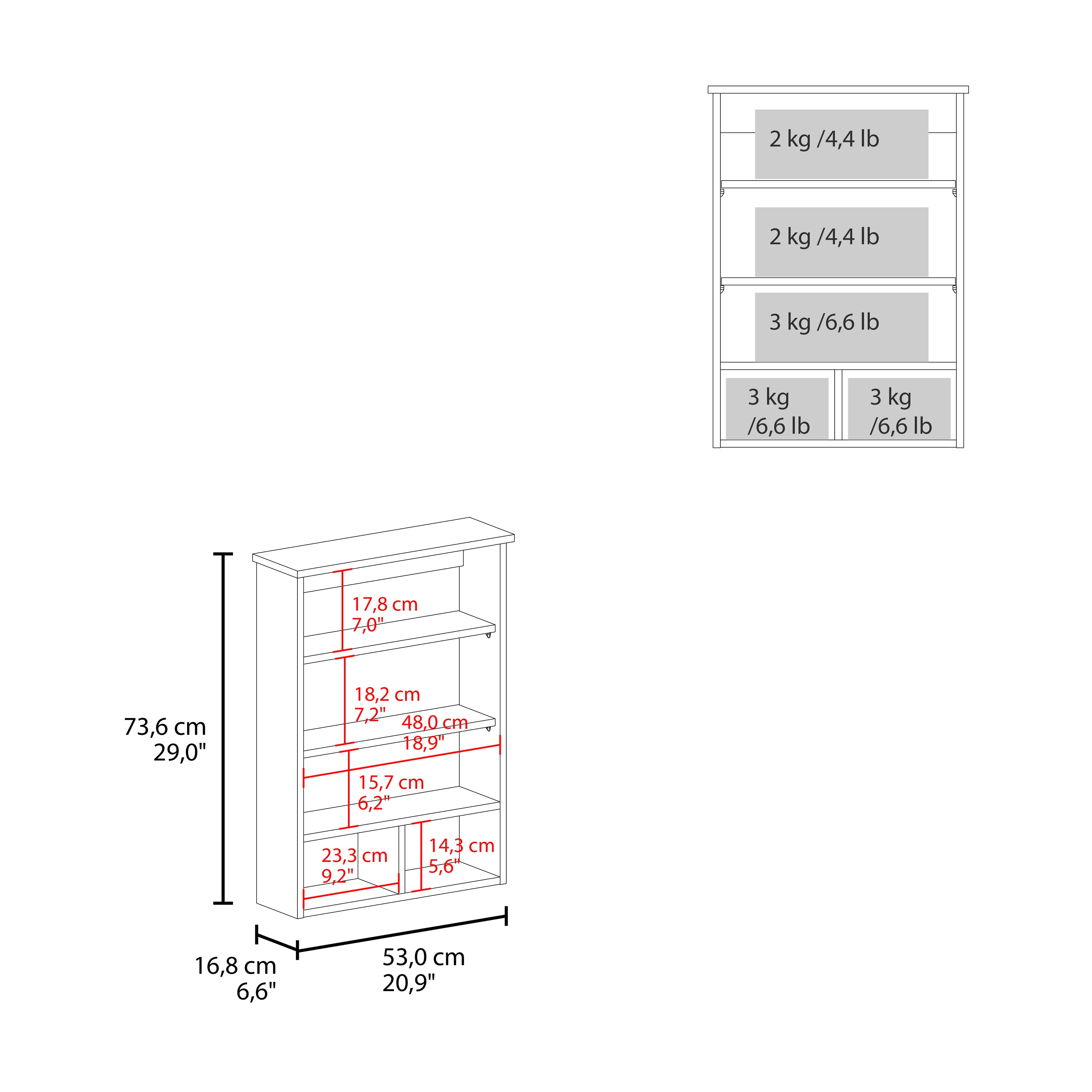 - 2 kg / 4.4 lb
- 2 kg / 4.4 lb
- 3 kg / 6.6 lb
- 3 kg / 6.6 lb
- 3 kg / 6.6 lb

- 17.8 cm / 7.0"
- 18.2 cm / 7.2"
- 73.6 cm / 29.0"
- 15.7 cm / 6.2"
- 23.3 cm / 9.2"
- 14.3 cm / 5.6"
- 16.8 cm / 6.6"
- 53.0 cm / 20.9"