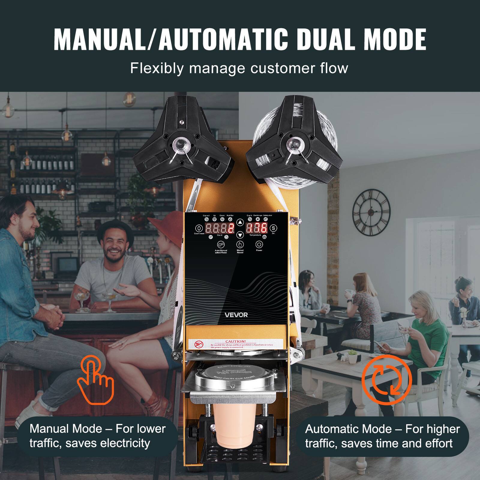 MANUAL/AUTOMATIC DUAL MODE  
Flexibly manage customer flow  

Manual Mode – For lower traffic, saves electricity  
Automatic Mode – For higher traffic, saves time and effort