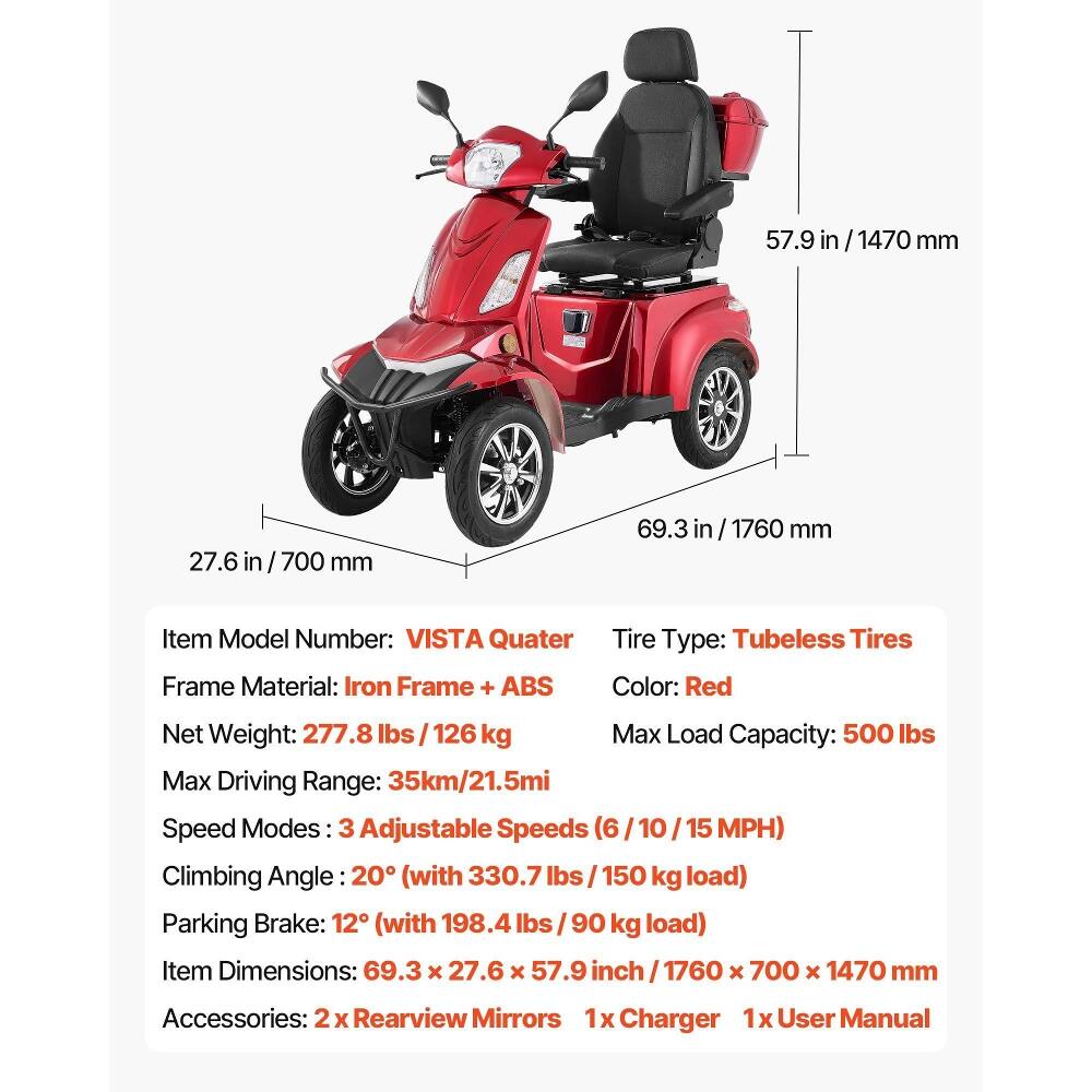 57.9 in / 1470 mm  
27.6 in / 700 mm  
69.3 in / 1760 mm  

Item Model Number: VISTA Quater  
Tire Type: Tubeless Tires  
Frame Material: Iron Frame + ABS  
Color: Red  
Net Weight: 277.8 lbs / 126 kg  
Max Load Capacity: 500 lbs  
Max Driving Range: 35km/21.5mi  
Speed Modes: 3 Adjustable Speeds (6 / 10 / 15 MPH)  
Climbing Angle: 20° (with 330.7 lbs / 150 kg load)  
Parking Brake: 12° (with 198.4 lbs / 90 kg load)  
Item Dimensions: 69.3 x 27.6 x 57.9 inch / 1760 x 700 x 1470 mm  
Accessories: 2 x Rearview Mirrors, 1x Charger, 1x User Manual