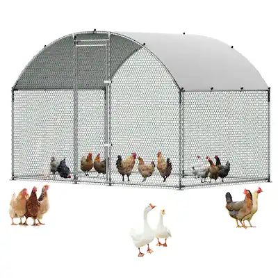 Front. VEVOR - Large Metal Chicken Coop 9.8x6.6x6.6 ft Walk-in Chicken Run House, Doom Roof Hen House Enclosure with Cover - Silver.