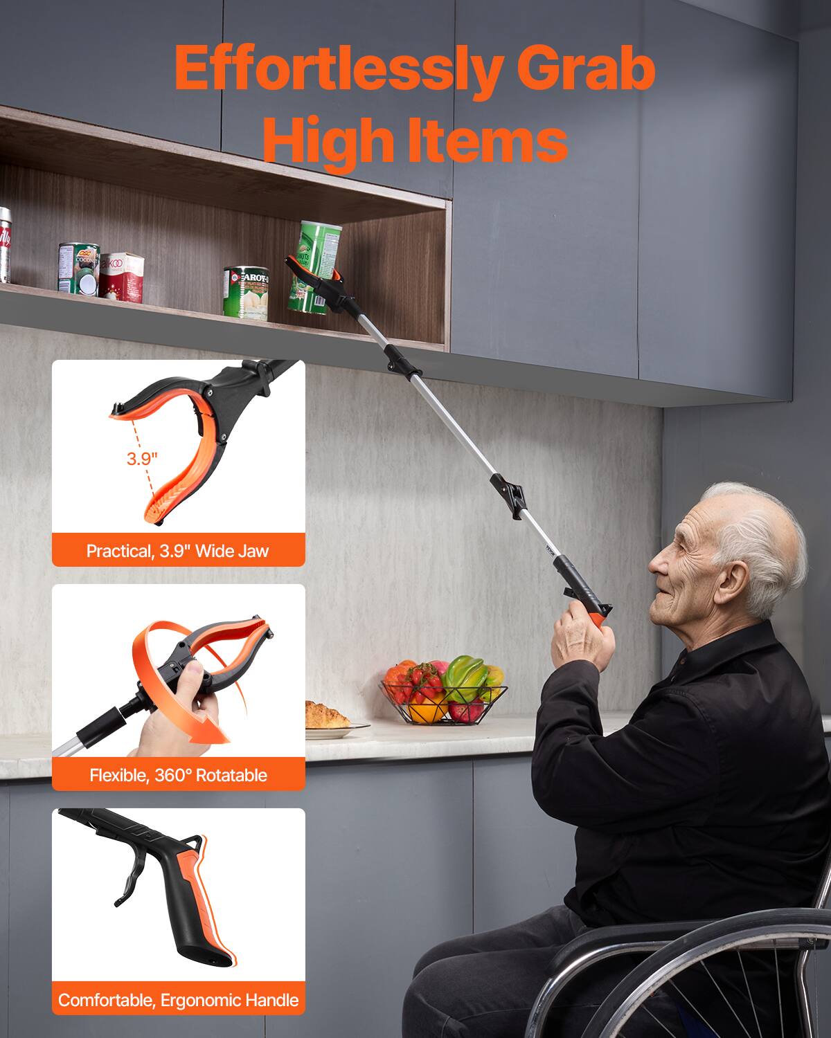 Effortlessly Grab High Items

- Practical, 3.9" Wide Jaw
- Flexible, 360° Rotatable
- Comfortable, Ergonomic Handle