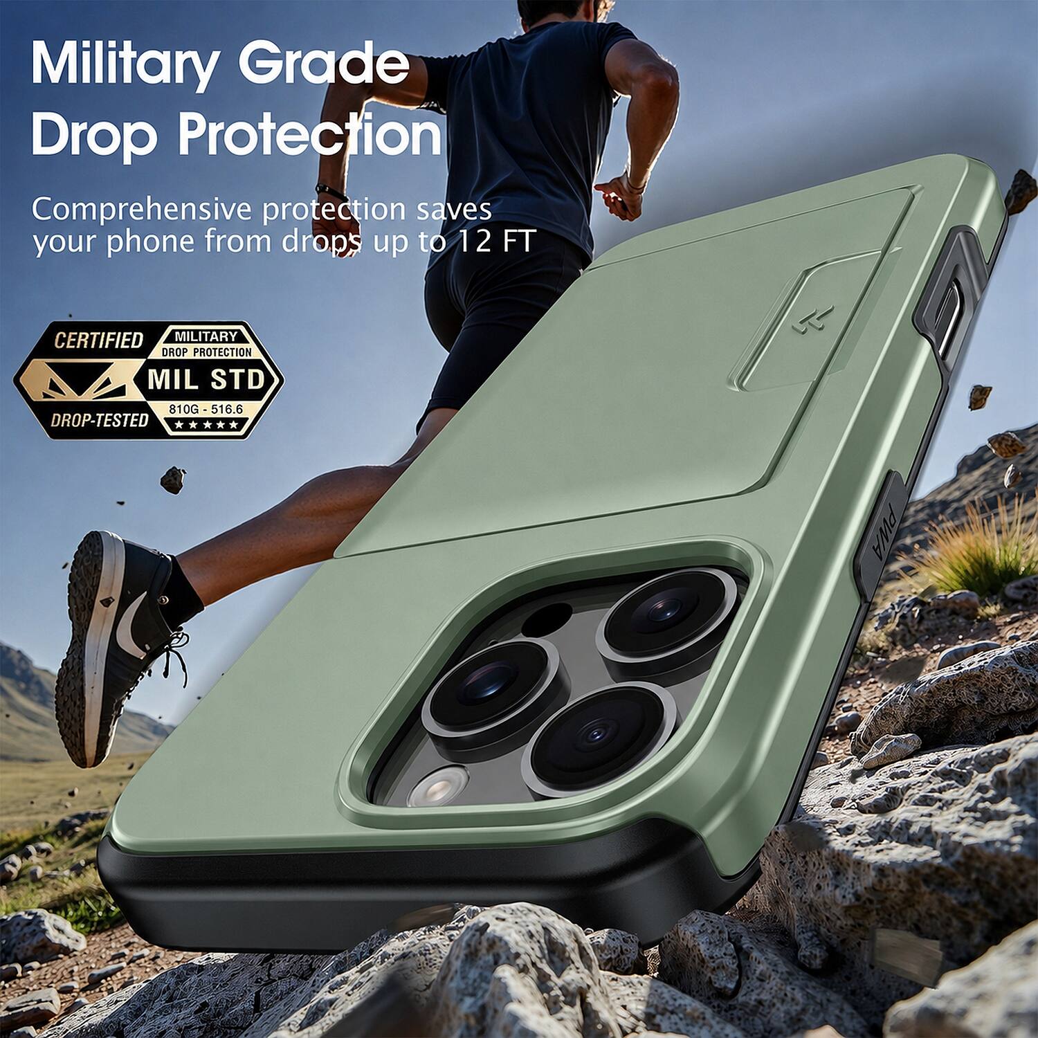 Military Grade Drop Protection  
Comprehensive protection saves your phone from drops up to 12 FT  

CERTIFIED MILITARY DROP PROTECTION  
MIL STD 810G - 516.6 DROP-TESTED