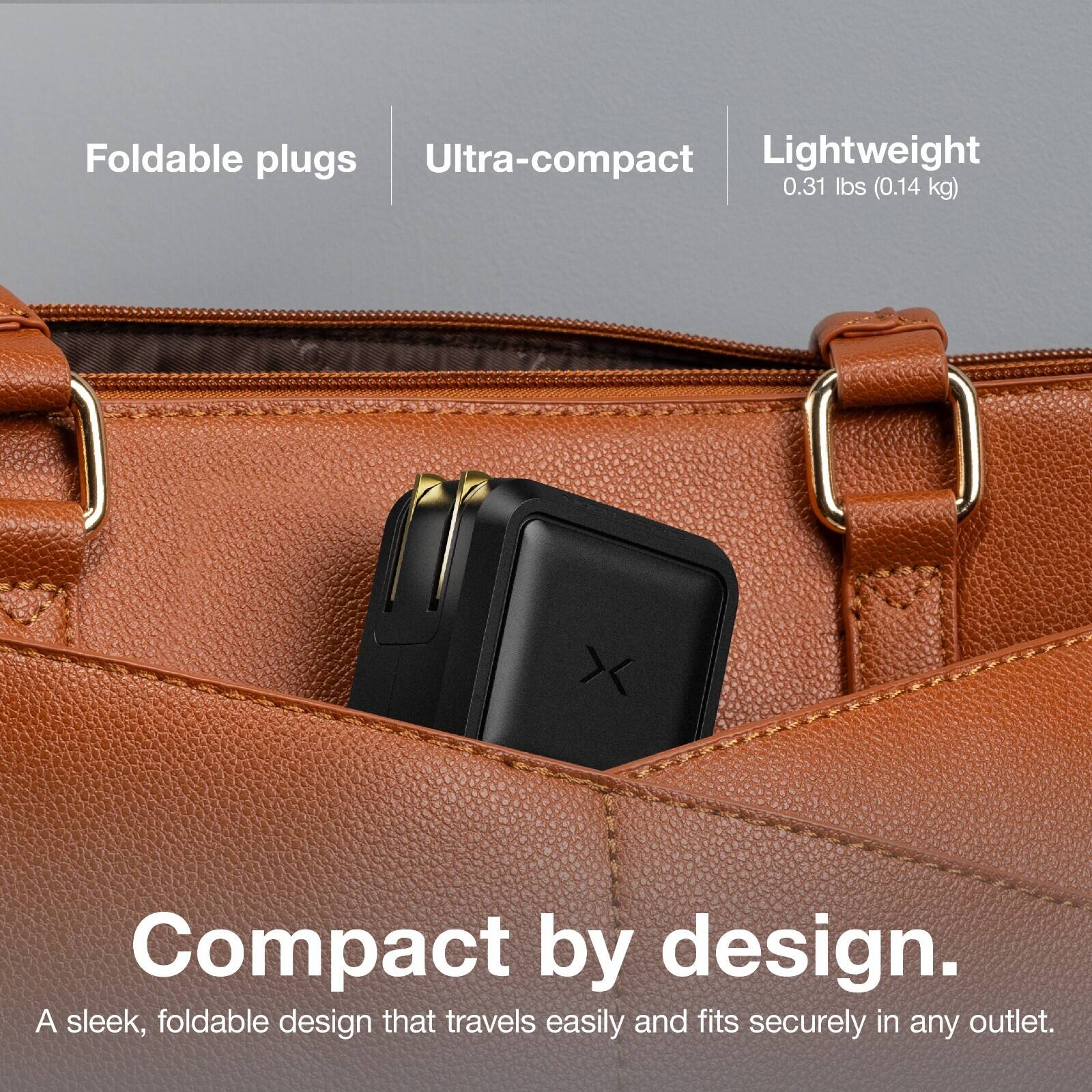 Foldable plugs Ultra-compact Lightweight 0.31 lbs (0.14 kg) X Compact by design. A sleek, foldable design that travels easily and fits securely in any outlet.