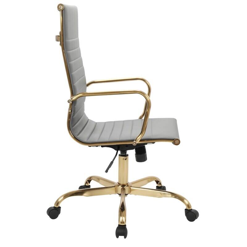 Alt View 2. LeisureMod - Set of 2 Harris High-Back Leather Upholstered Office Desk Chair with Gold Stainless Steel Frame and Tilt - Grey.