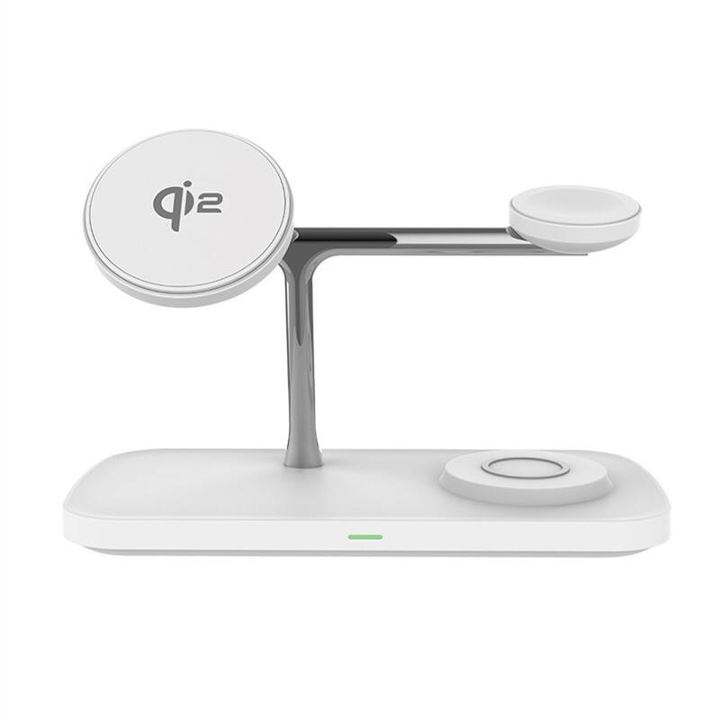 Left. RISOKEYS - 3-in-1 Qi2 Magnetic Wireless Charger with charging Port - 15W Phone Stand Compatible with Apple Samsung Watch, Earphones - White.