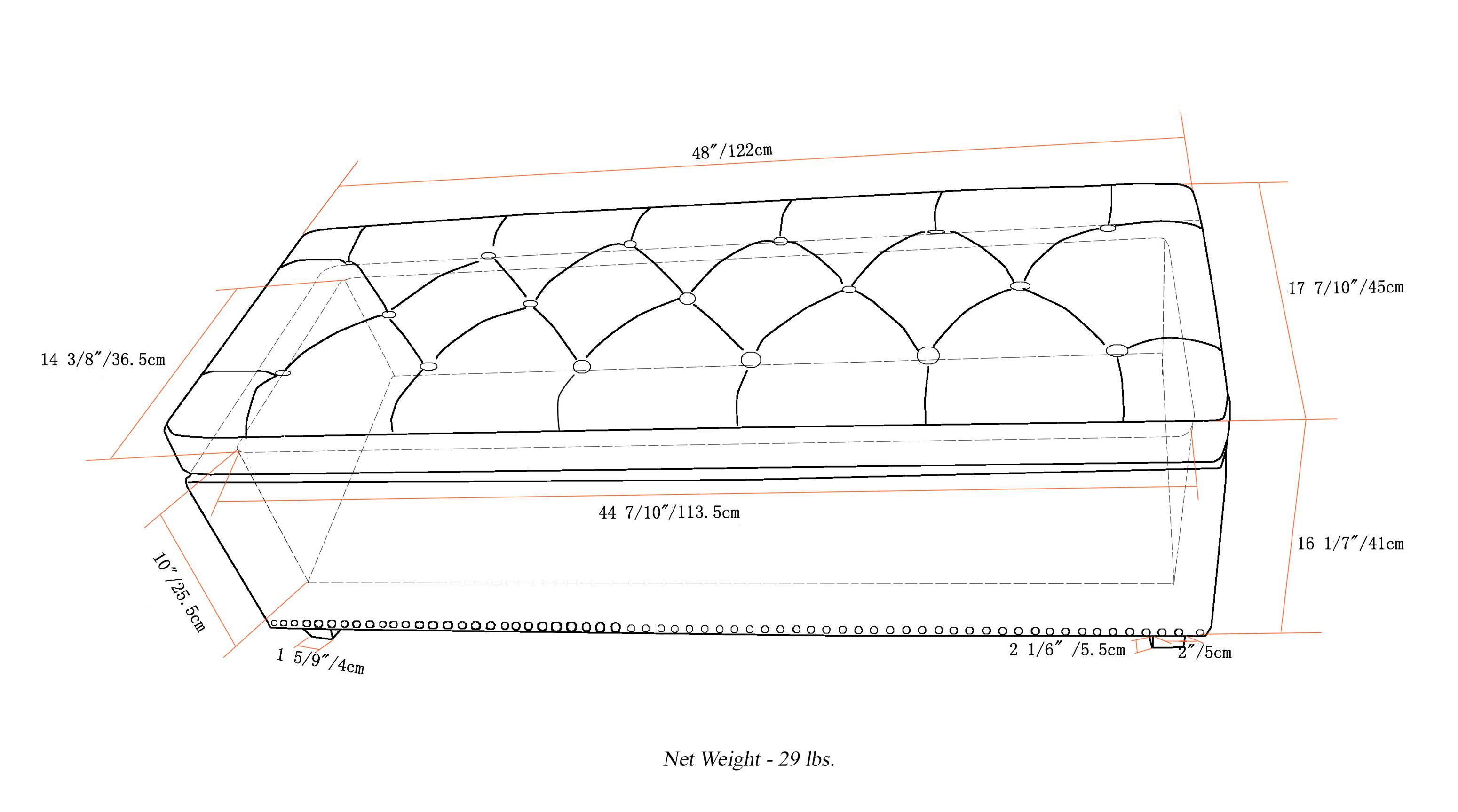 48" / 122cm  
17 7/10" / 45cm  
14 3/8" / 36.5cm  
44 7/10" / 113.5cm  
16 1/7" / 41cm  
10" / 25.5cm  
1 2 1/6" / 5.5cm  
2" / 5cm  
5/9" / 4cm  
5/9" / 4cm  
Net Weight - 29 lbs.