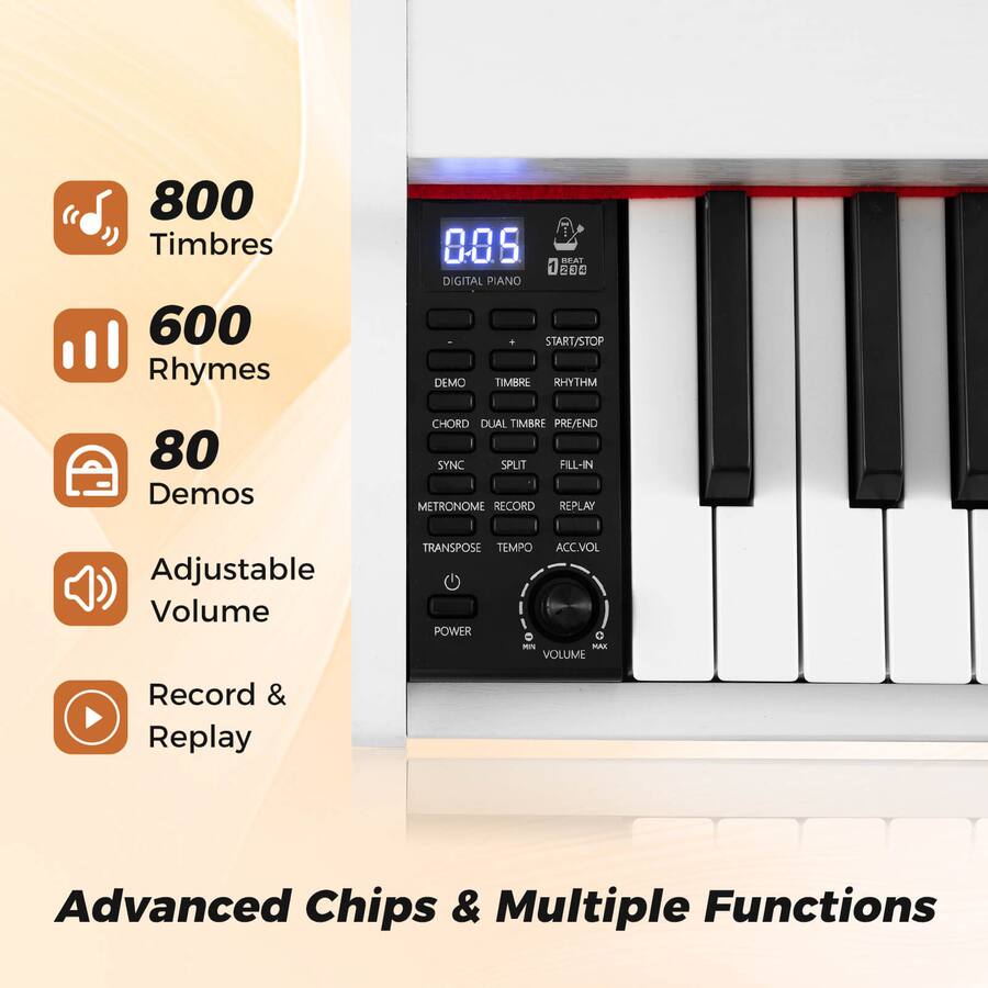 Piano Numérique 88 Touches COSTWAY - Clavier Semi-lesté, Triple Pédales, Support Réglable 7 Hauteurs - Pour Débutants, Avec Haut-parleurs Doubles - Blanc