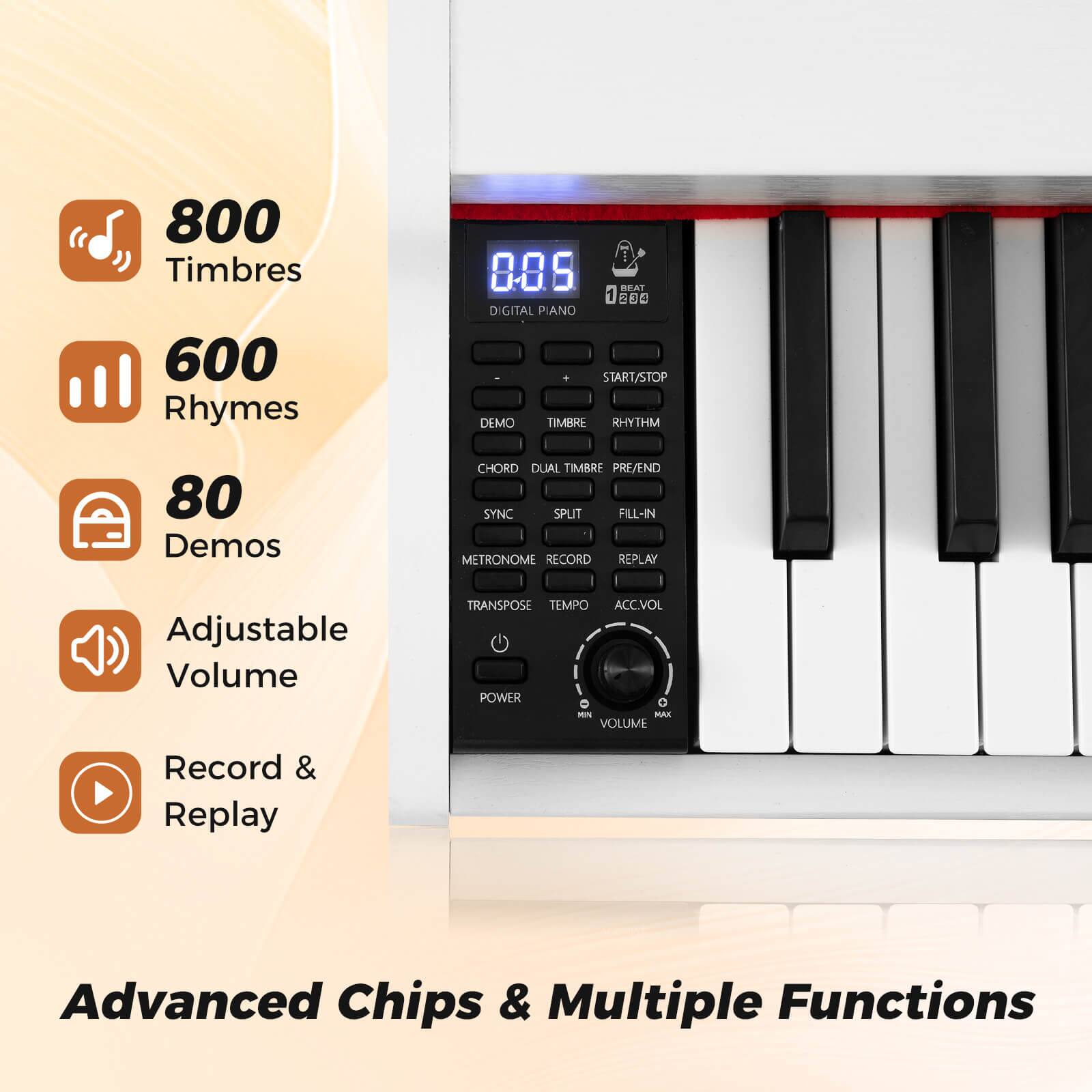 800 Timbres  
600 Rhymes  
80 Demos  
Adjustable Volume  
Record & Replay  

Advanced Chips & Multiple Functions  

DIGITAL PIANO  
0.05  
BEAT 1280  

DEMO  
TIMBRE  
RHYTHM  
CHORD  
DUAL TIMBRE  
PRE/END  
SYNC  
SPLIT  
FILL-IN  
METRONOME  
RECORD  
REPLAY  
TRANSPOSE  
TEMPO  
ACC.VOL  
POWER  

VOLUME  
0 - MAX