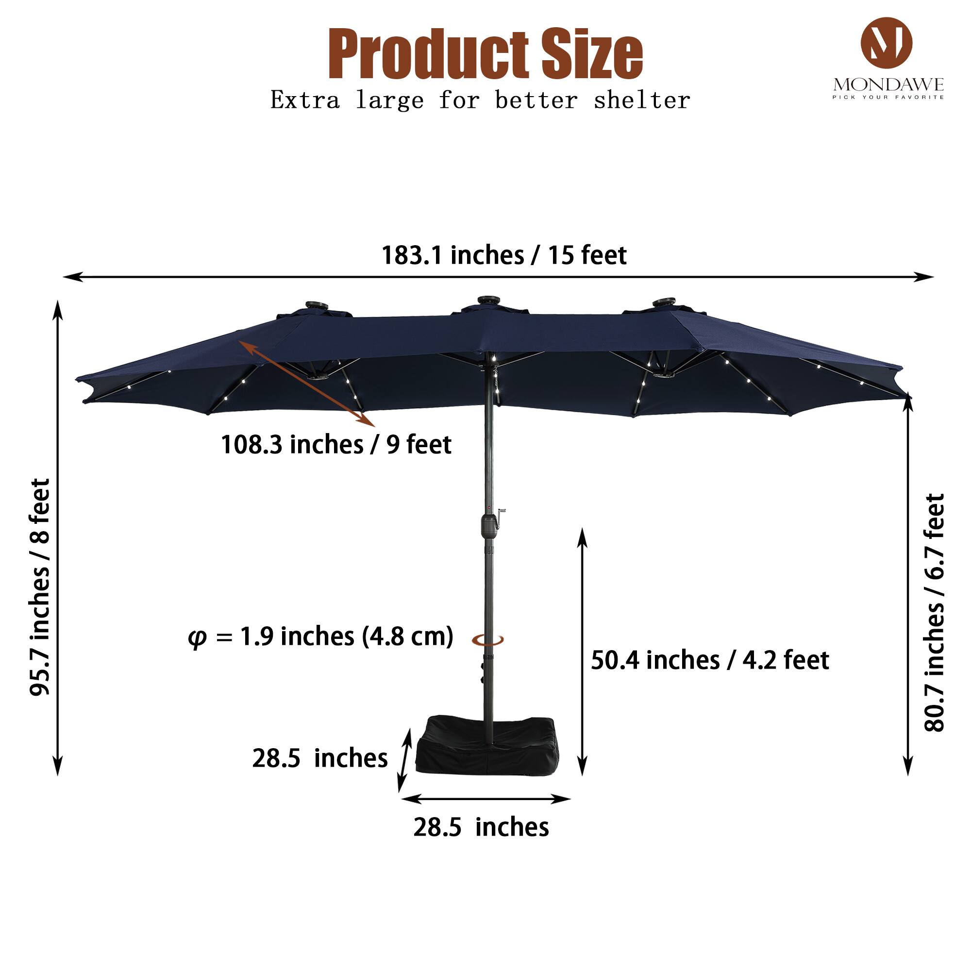 Product Size  
Extra large for better shelter  

- 183.1 inches / 15 feet  
- 108.3 inches / 9 feet  
- 95.7 inches / 8 feet  
- 80.7 inches / 6.7 feet  
- 50.4 inches / 4.2 feet  
- 28.5 inches  
- 28.5 inches  
- φ = 1.9 inches (4.8 cm)