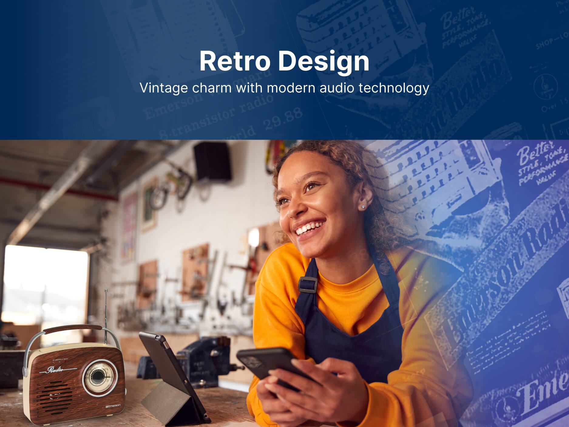 Radio, Retro Design, Vintage charm with modern audio technology, Emerson radio 15 Over 8-transistor 29.88, Better TOAE, PORFORMANCE, STPLE, Rad Emerson 2, Emie