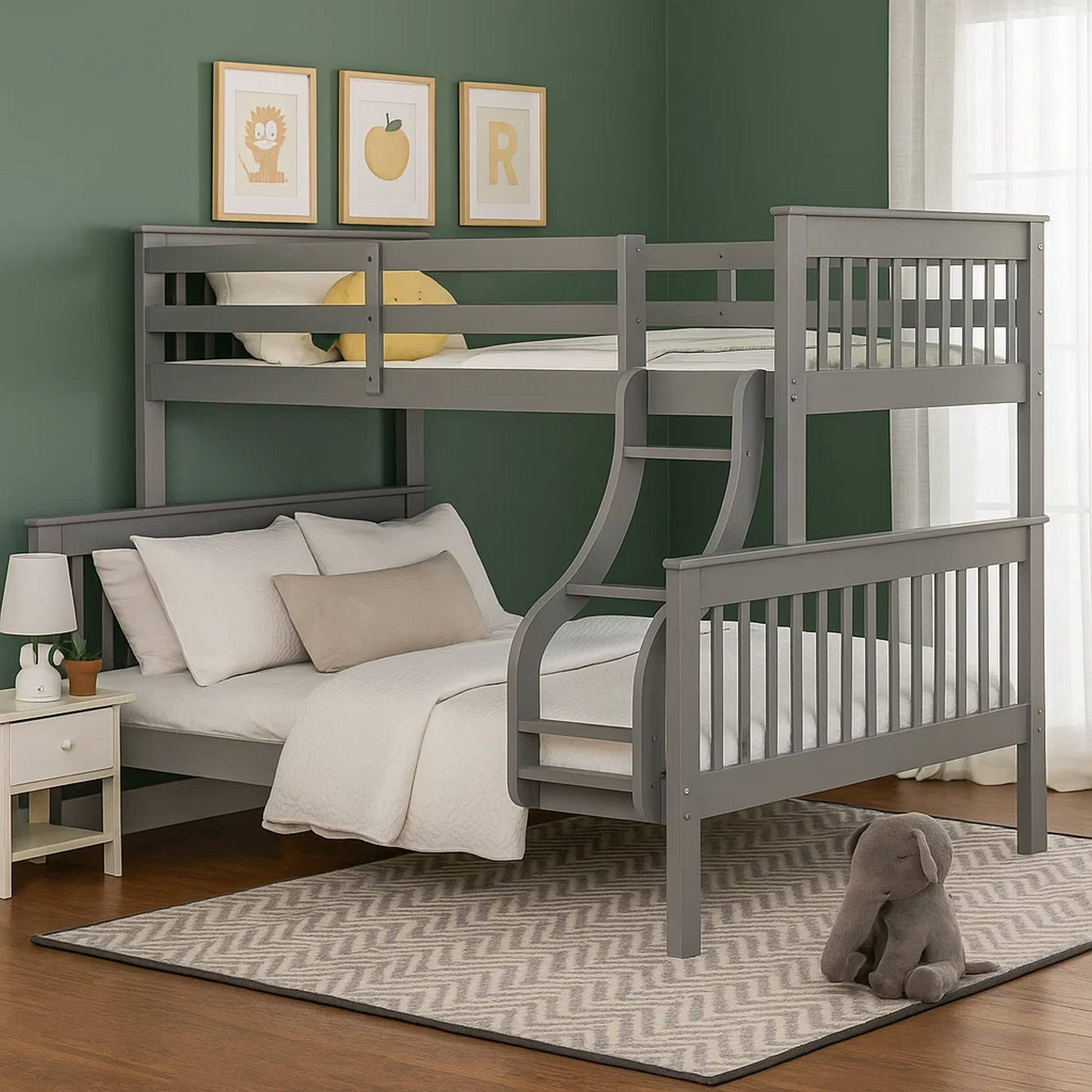 Alt View 5. Manhattan Lane - Rita Twin over Full Bunk Bed, Slatted Frame, Fixed Ladder - Gray, Light Brown.