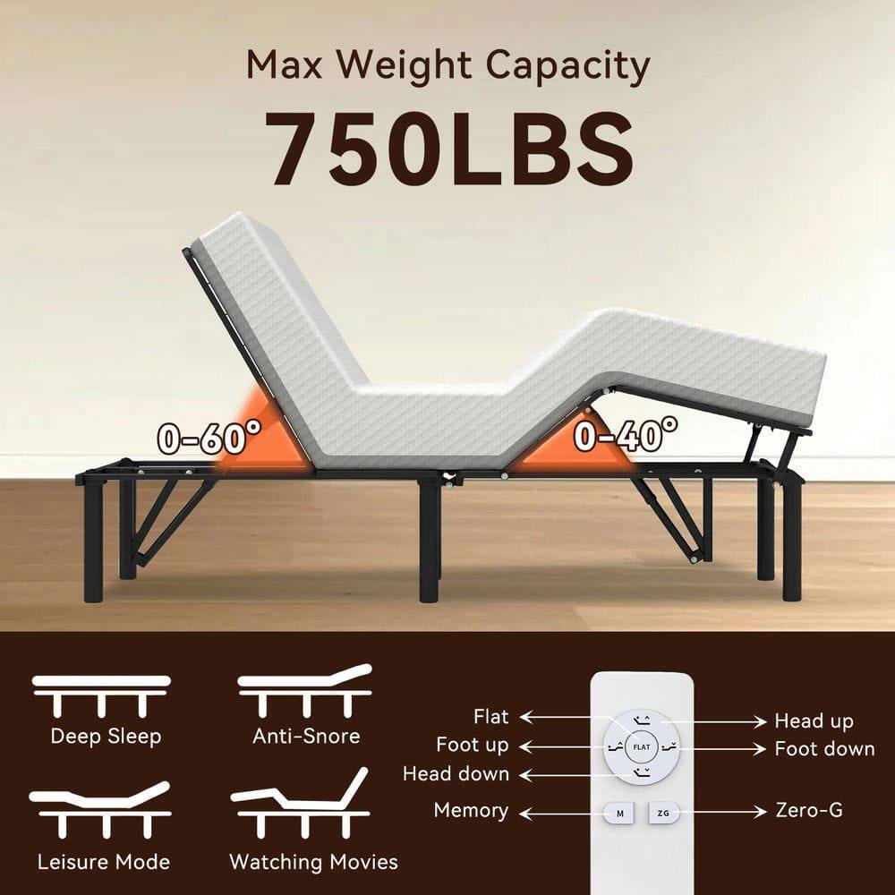 Max Weight Capacity  
750LBS  

0-60°  
0-40°  

Deep Sleep  
Anti-Snore  
Flat  
Head up  
Foot down  
Memory  
Leisure Mode  
Watching Movies  

Zero-G