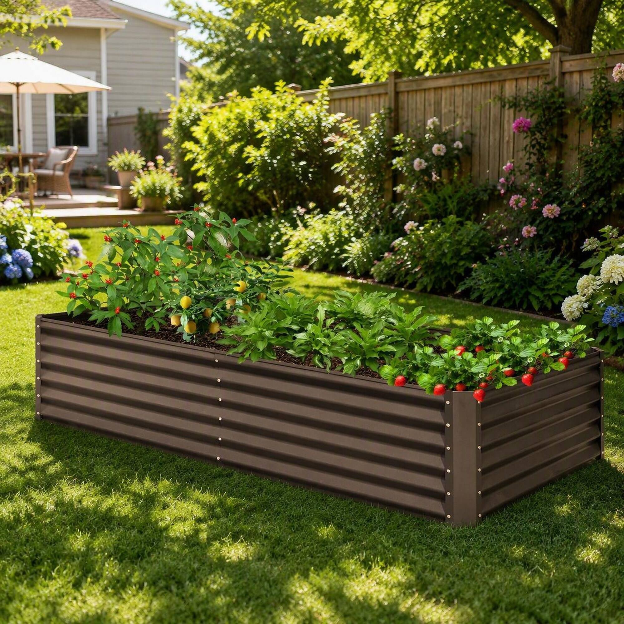 Alt View 2. RYHNUYNE - Galvanized Raised Garden Bed 8x4x1.5 ft Large Metal Planter Box for Vegetables Flowers Outdoor Brown - Brown.
