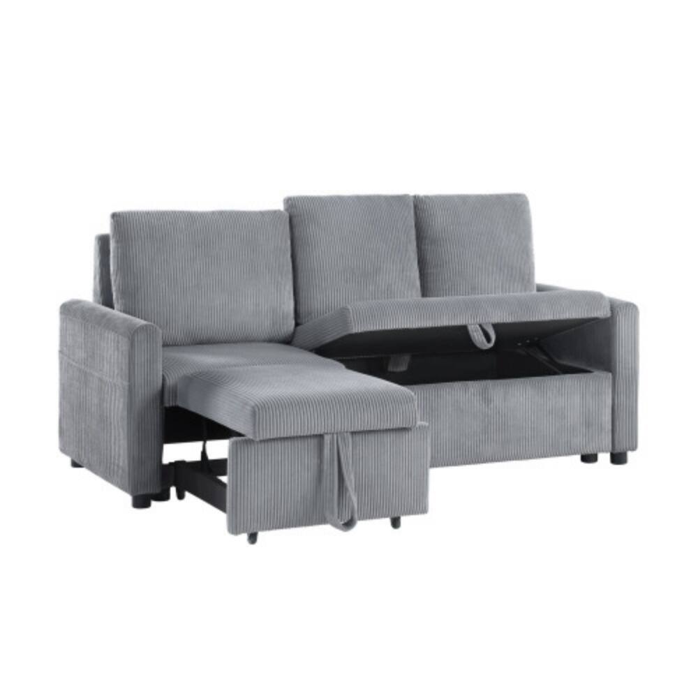 Back. LUCKY ONE - 70" Gray Corduroy Sofa with Pull-Out Chaise, Underseat Storage, Side Pockets, Compact Size for Small Spaces - Gray.