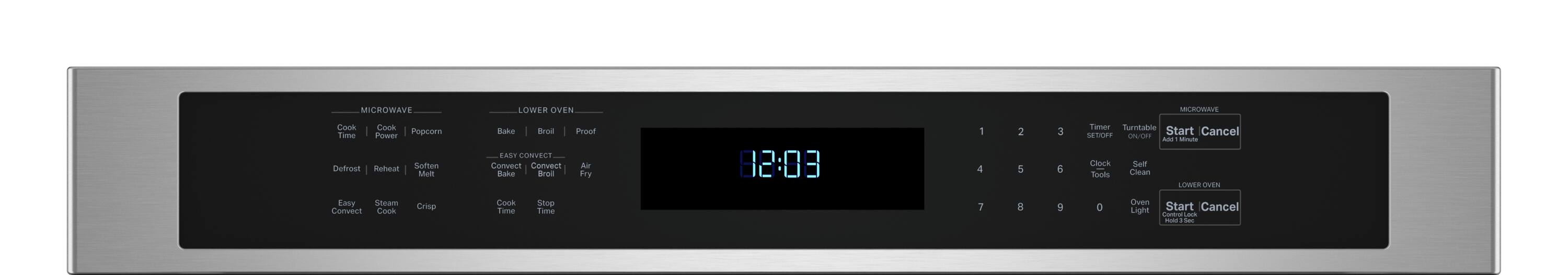 Here is the corrected and grouped text based on the image:

**Microwave:**
- Cook Time
- Cook Power
- Popcorn
- Defrost
- Reheat
- Soften
- Melt
- Easy Convect
- Steam Cook
- Crisp

**Lower Oven:**
- Bake
- Easy Convect
- Bake
- Cook Time
- Convection
- Cook
- Crisp
- Stop Time

**General Controls:**
- Timer Set/Off
- Turntable On/Off
- Clock Set
- Oven Light
- Self Clean
- Start
- Cancel
- Add 1 Minute
- Oven Lock
- Cancel Hold 3 Sec