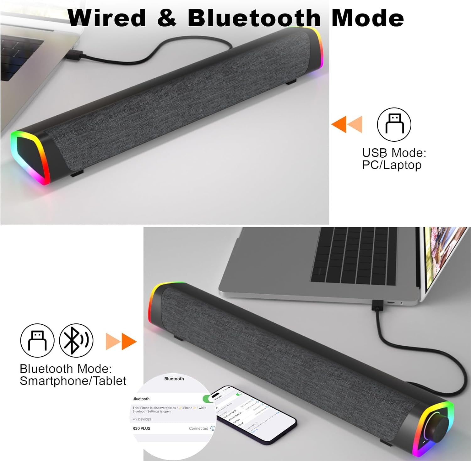 Wired & Bluetooth Mode

USB Mode: PC/Laptop

Bluetooth Mode: Smartphone/Tablet