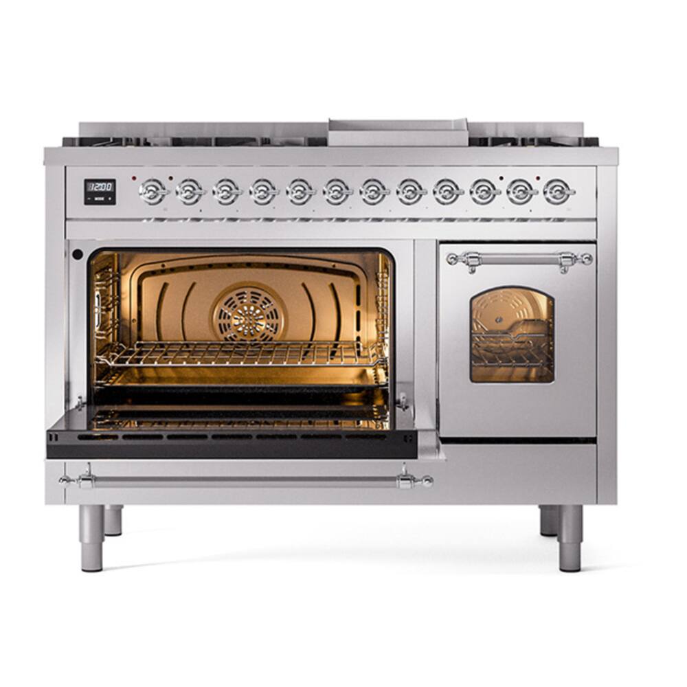Alt View 5. ILVE - ILVE Nostalgie II Series 48 in. Dual Fuel Range with 8 Sealed Burners + Griddle (Liquid Propane, Chrome Trim) - Stainless Steel.