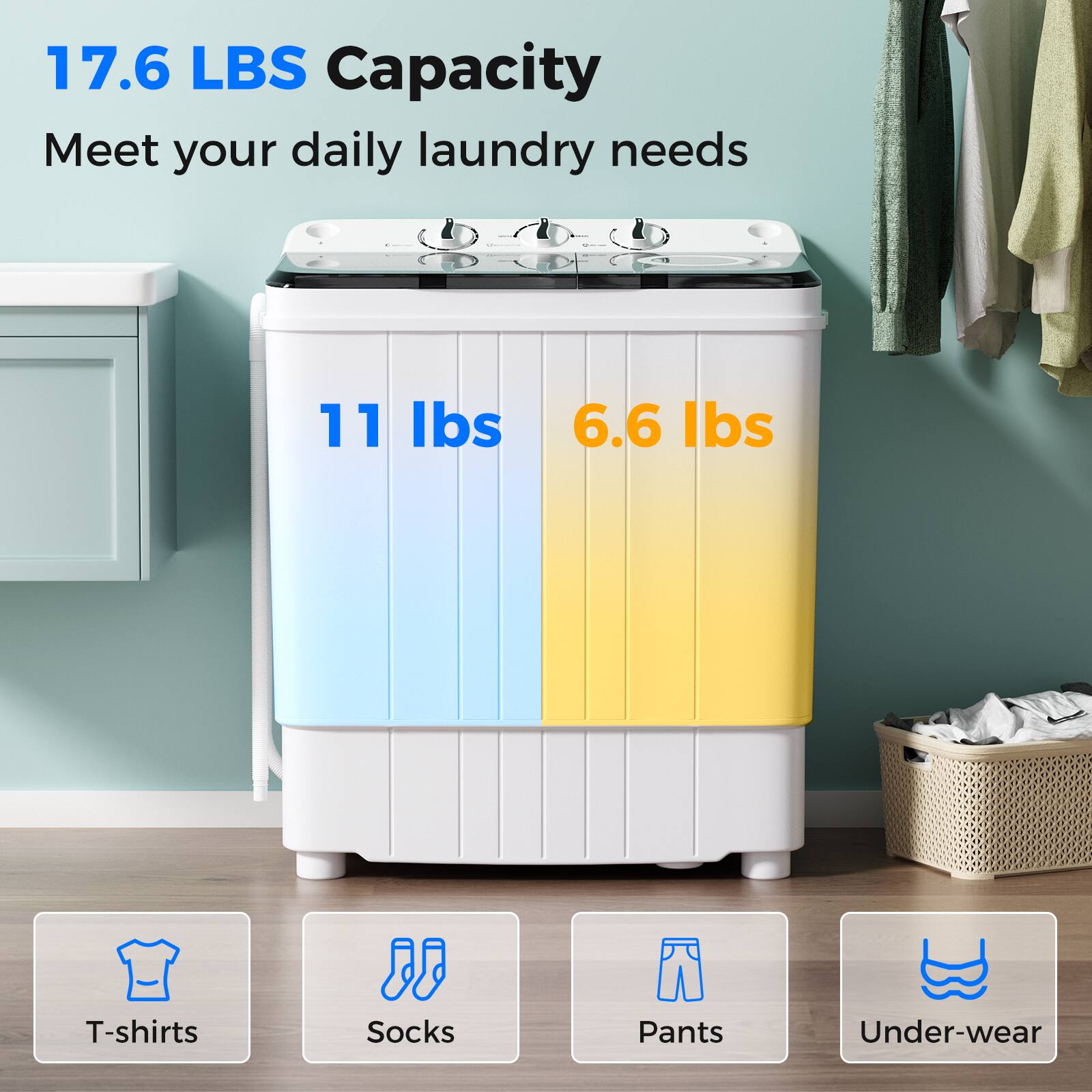 17.6 LBS Capacity Meet your daily laundry needs
11 lbs
6.6 lbs
T-shirts
Socks
Pants
Under-wear