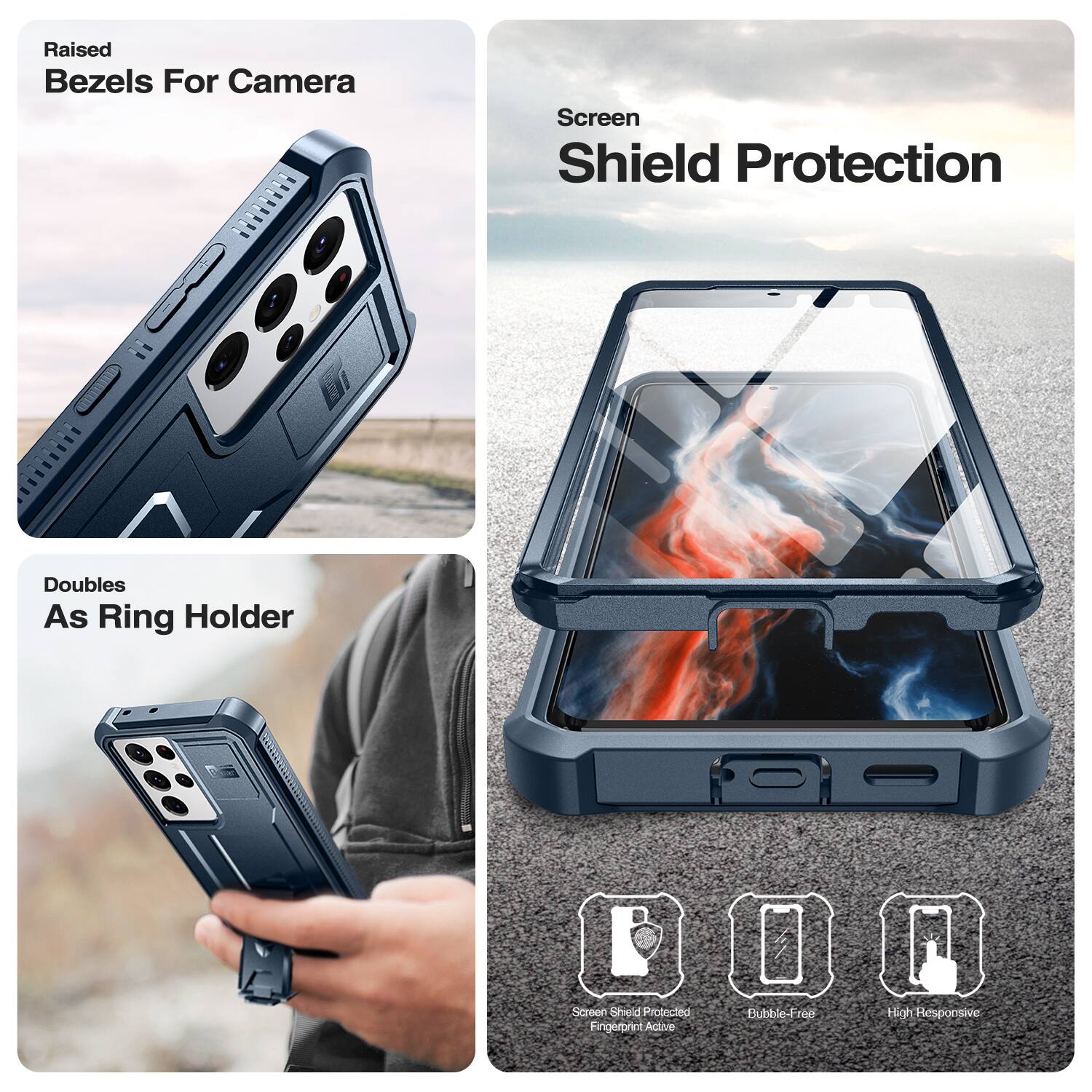 Raised Bezels For Camera, Screen Shield Protection, Doubles As Ring Holder, Screen Shield Protected, Fingerprint Active, Bubble-Free, High Responsive