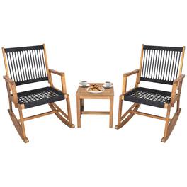 Gymax - 3 Piece Acacia Wood Rocking Chair Set w/ Coffee Table & All-Weather Rope Patio Poolside - Black, Natural