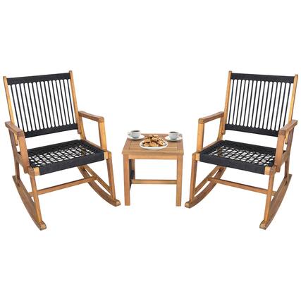 Front. Gymax - Gymax 3 Piece Acacia Wood Rocking Chair Set w/ Coffee Table & All-Weather Rope Patio Poolside - Black, Natural.