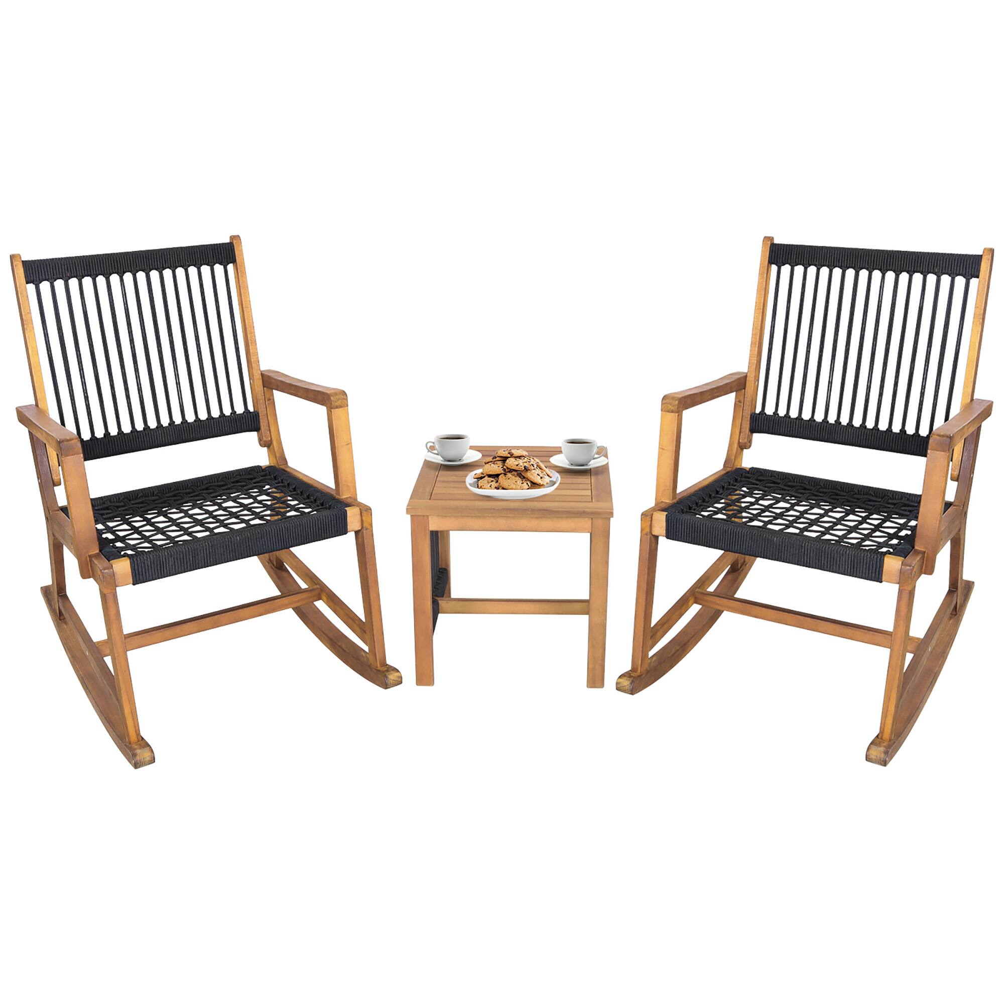Front. Gymax - Gymax 3 Piece Acacia Wood Rocking Chair Set w/ Coffee Table & All-Weather Rope Patio Poolside - Black, Natural.