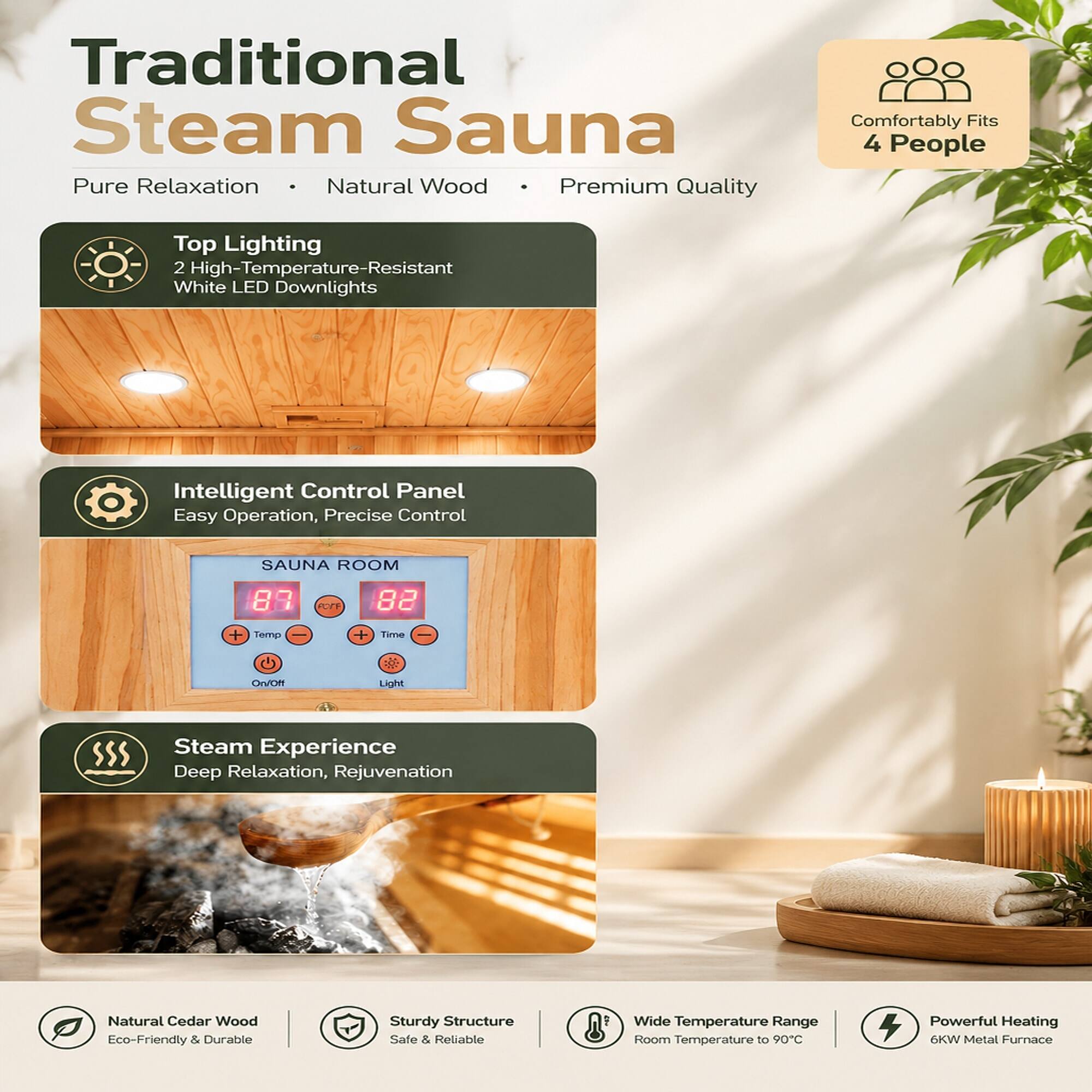 Traditional Steam Sauna  
Pure Relaxation • Natural Wood • Premium Quality  

Comfortably Fits 4 People  

Top Lighting  
2 High-Temperature-Resistant White LED Downlights  

Intelligent Control Panel  
Easy Operation, Precise Control  

SAUNA ROOM  
87  
ROSE  
82  
+ Temp  
+ Time  
-  
On/Off  
Light  

Steam Experience  
Deep Relaxation, Rejuvenation  

Natural Cedar Wood  
Eco-Friendly & Durable  

Sturdy Structure  
Safe & Reliable  

Wide Temperature Range  
Room Temperature to 90°C  

Powerful Heating  
6KW Metal Furnace