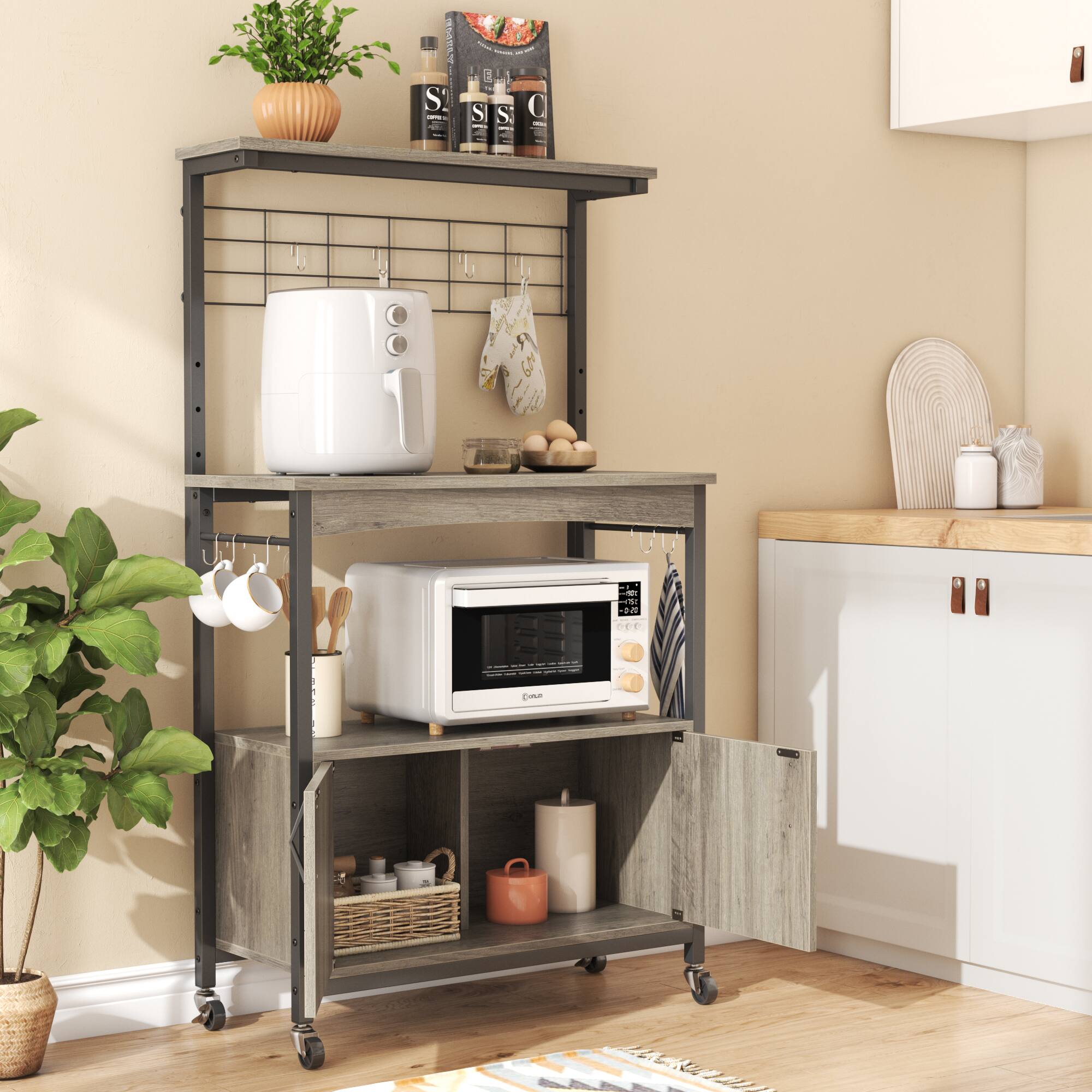 Alt View 1. Bestier - Bestier 31 inch 3 Tier Bakers Rack with Cabinet Kitchen Storage Shelves Microwave Oven Stand Coffee Bar - Gray.