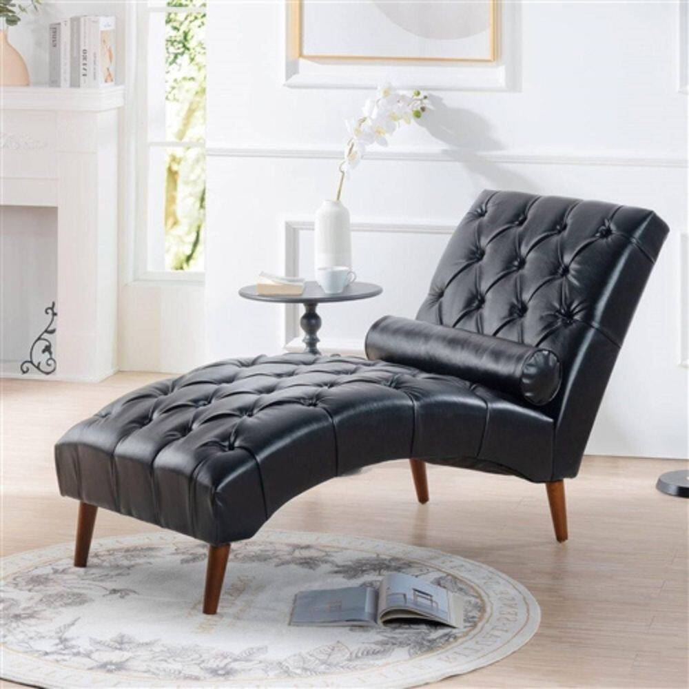 Left. Hivvago - Black Faux Leather Upholstered Armless Chaise Lounge Chair with Lumbar Pillow - Black.
