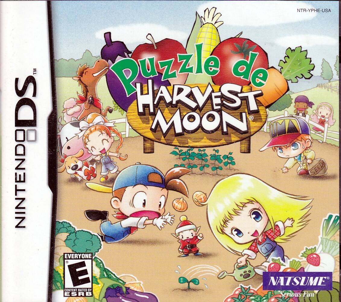 Sure, here is the corrected and grouped text from the image:

---

**Nintendo DS**

**Puzzle de HARVEST MOON**

**NATSUME**

**Serious Fun**

**EVERYONE**

**E**

**CONTENT RATED BY ESRB**

**NTR-Yphe-USA**

---

This text is organized as it appears on the cover of the game.
