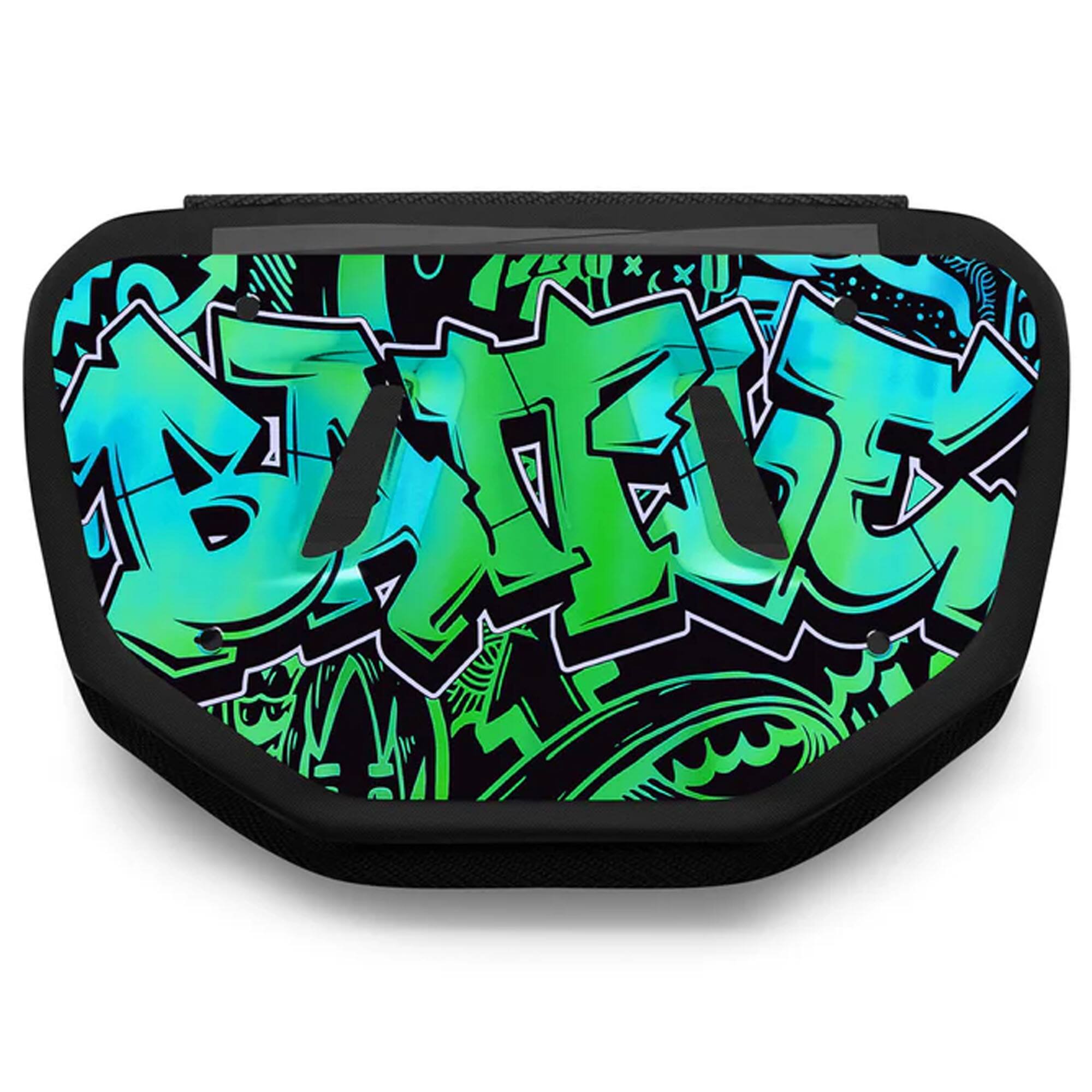Front. Battle Sports - Battle Sports Backplate, Graffiti, Iridescent, Blue/Green, Adult - Blue/Green.