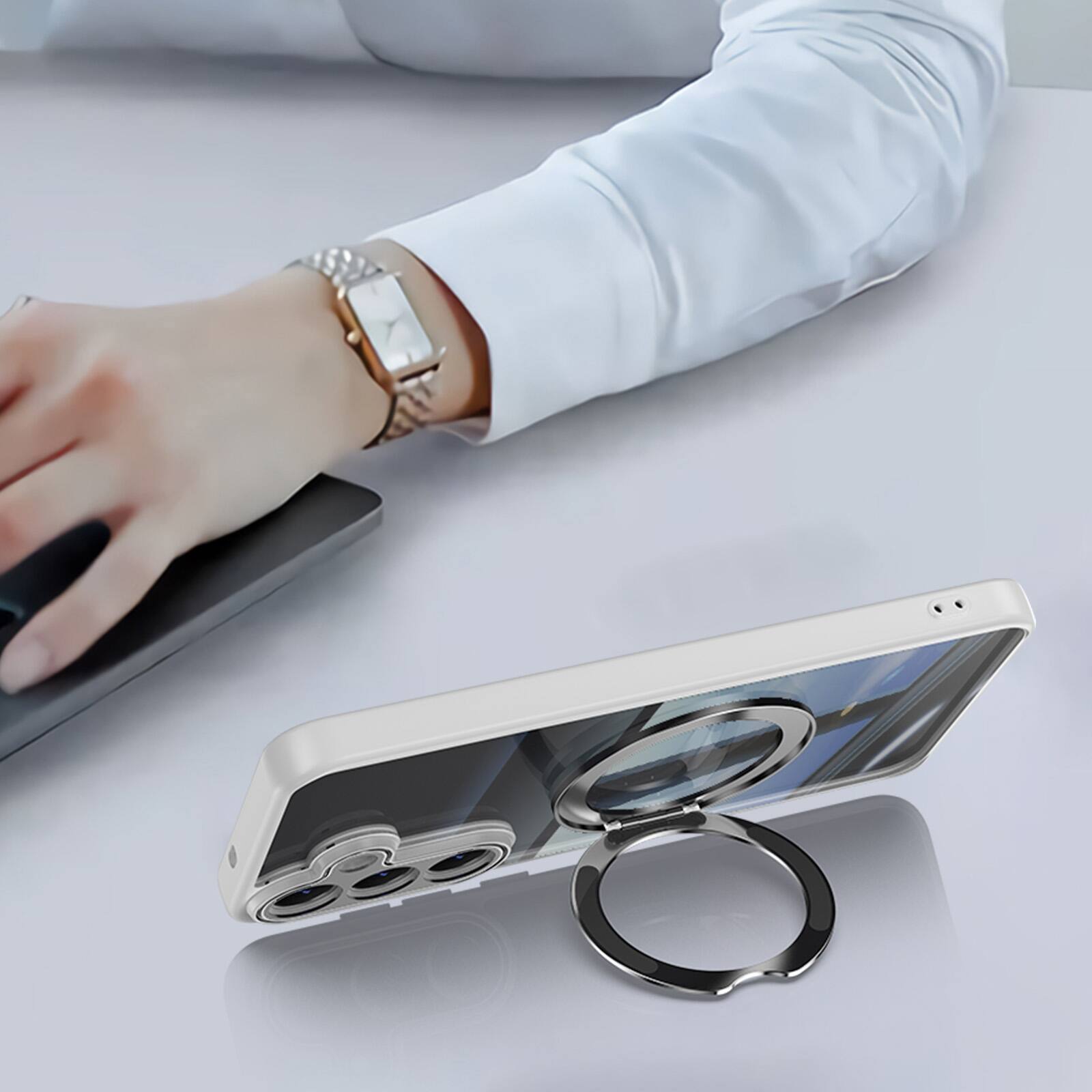 Alt View 2. Dteck - Magnetic Clear Case For Samsung Galaxy S26+, Shockproof Anti-Scratch 360° Ring Holder Stand PC+TPU Protection Cover - Gray.