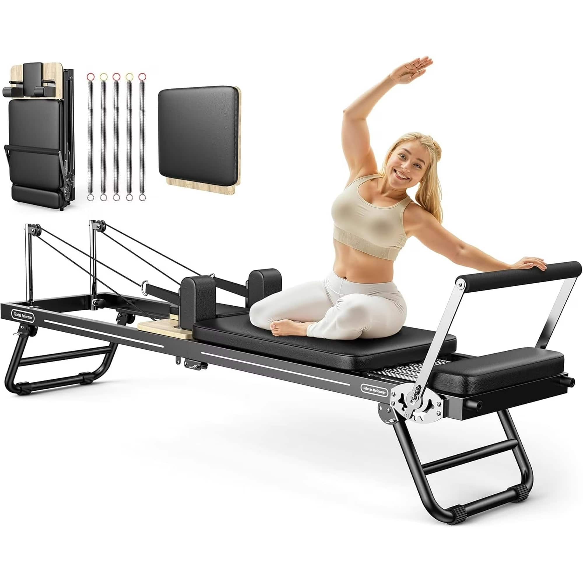 FEIERDUN - Foldable Pilates Reformer, Pilates Machine & Equipment for Home use, Pilates Exercise Equipment with Jump Board - Black