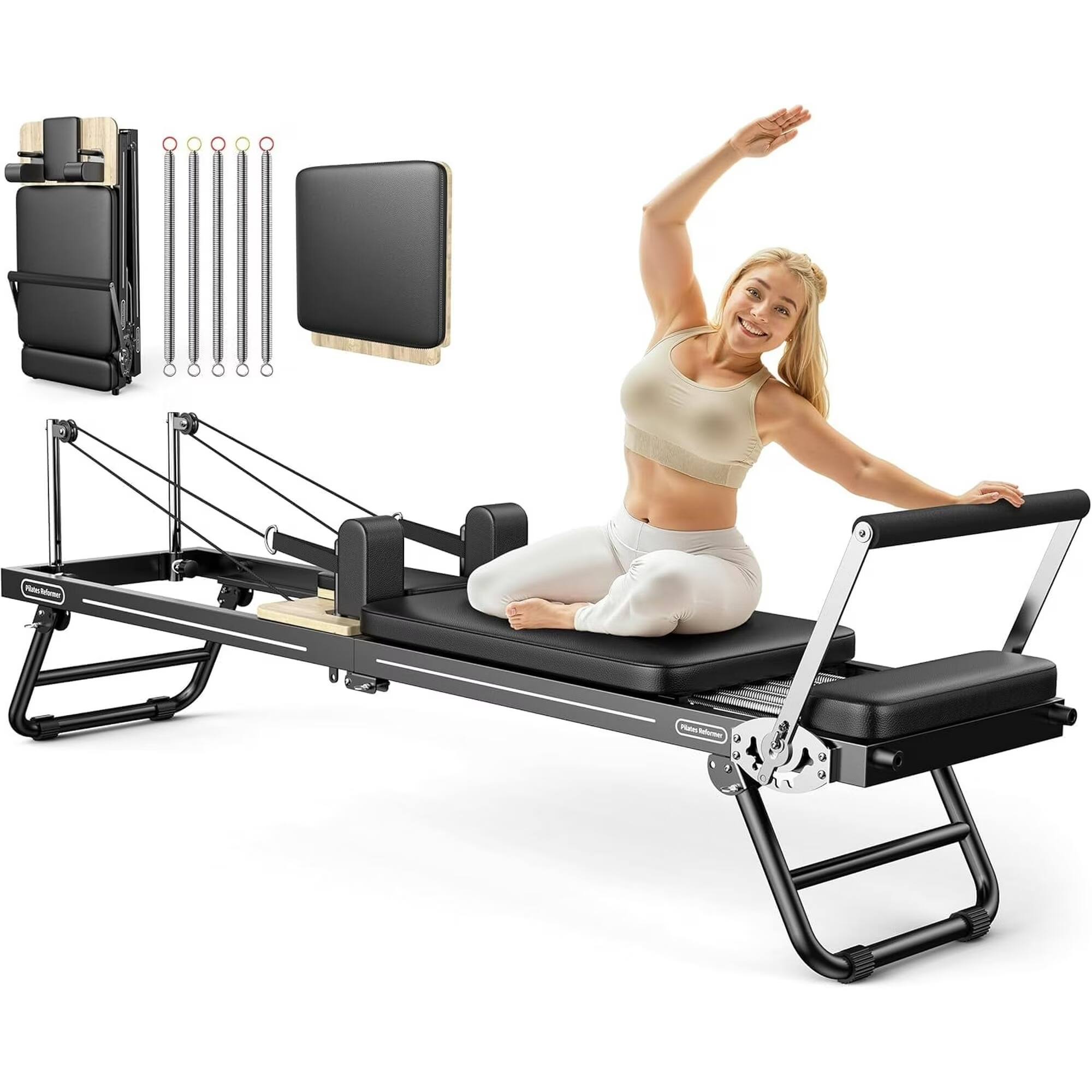 FEIERDUN - Foldable Pilates Reformer, Pilates Machine & Equipment for Home use, Pilates Exercise Equipment with Jump Board - Black