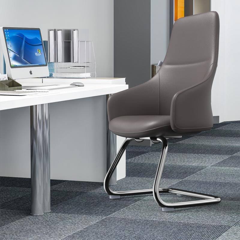 Angle. LeisureMod - Celeste Office Chair Upholstered in Leather with Iron Frame Ergonomic Desk Chair for Home Office and Task Seating - Grey.