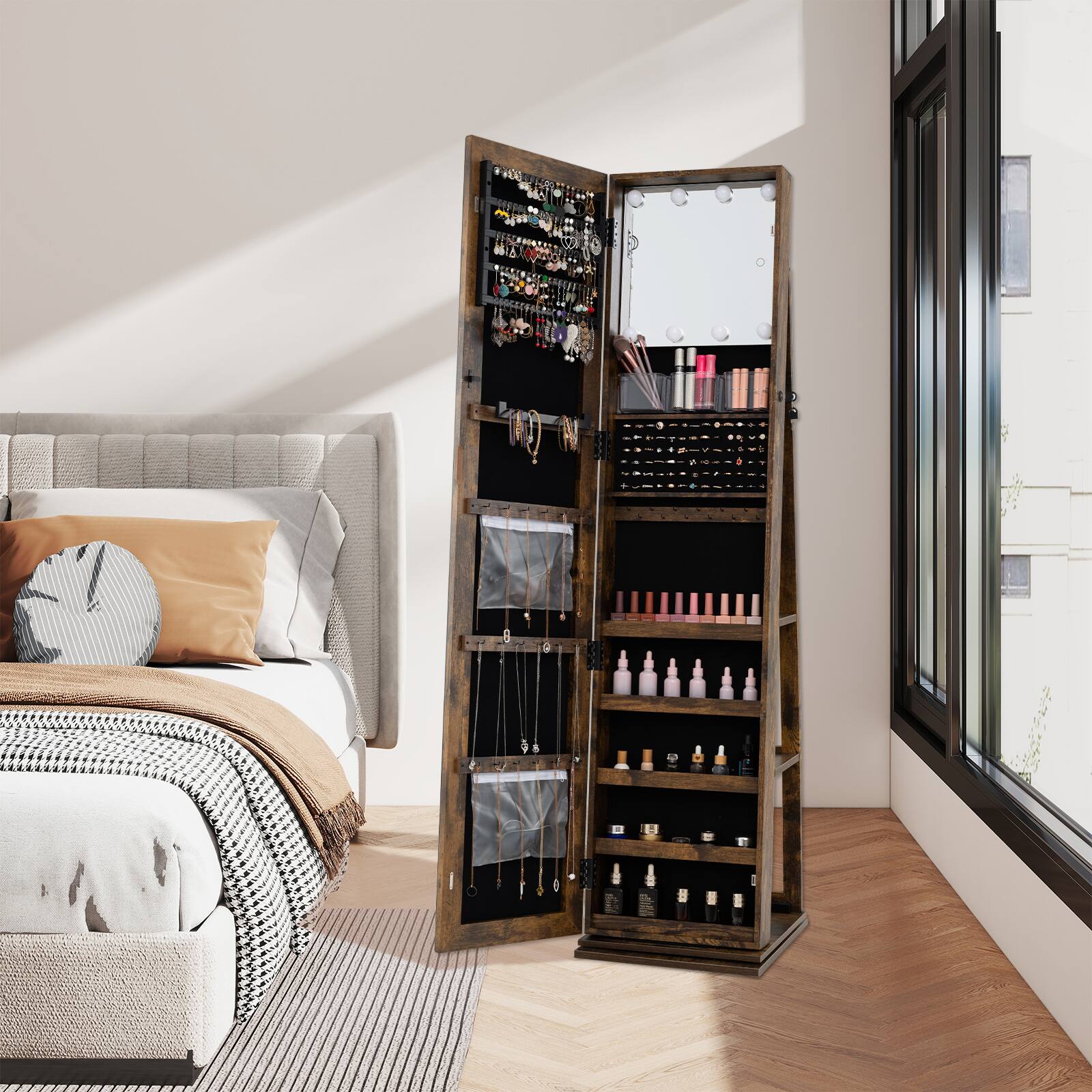 Alt View 9. Gymax - Gymax 360 degree Swivel Jewelry Cabinet w/Full Length Mirror Back Shelves Lights for Bedroom Rustic Brown - Brown.