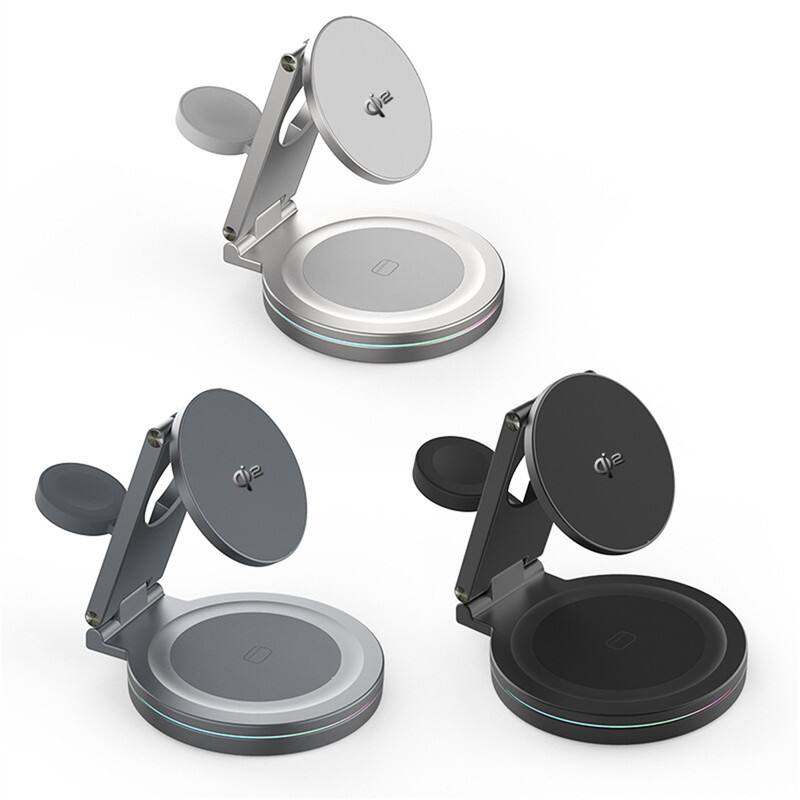 Alt View 1. RISOKEYS - RISOKEYS Qi Wireless Charger - Foldable Stand, 360° Rotatable, 3-in-1 Charging Dock with Magnetic for Apple Devices - Gray.