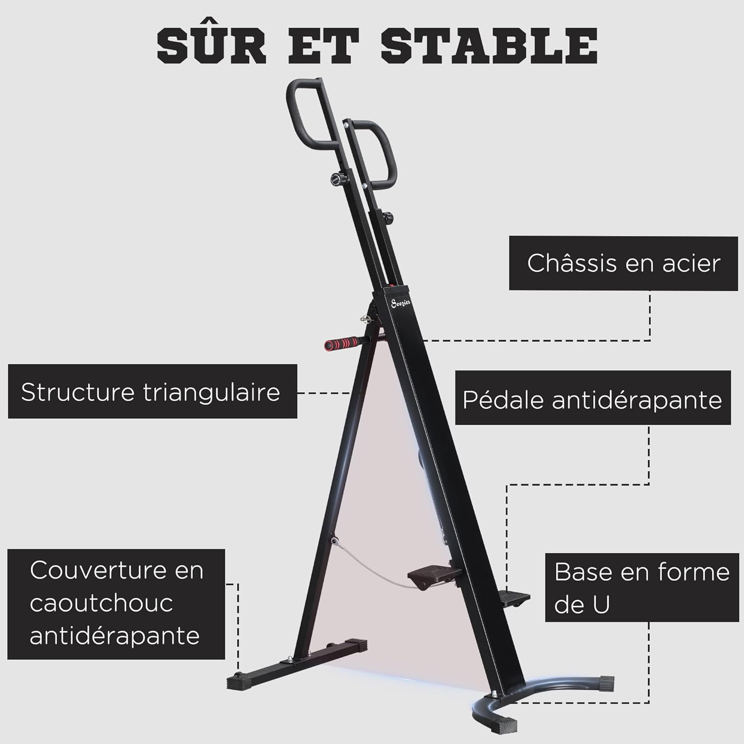 Châssis en acier, Structure triangulaire, Pédale antidérapante, Couverture en caoutchouc antidérapante, Base en forme de U
