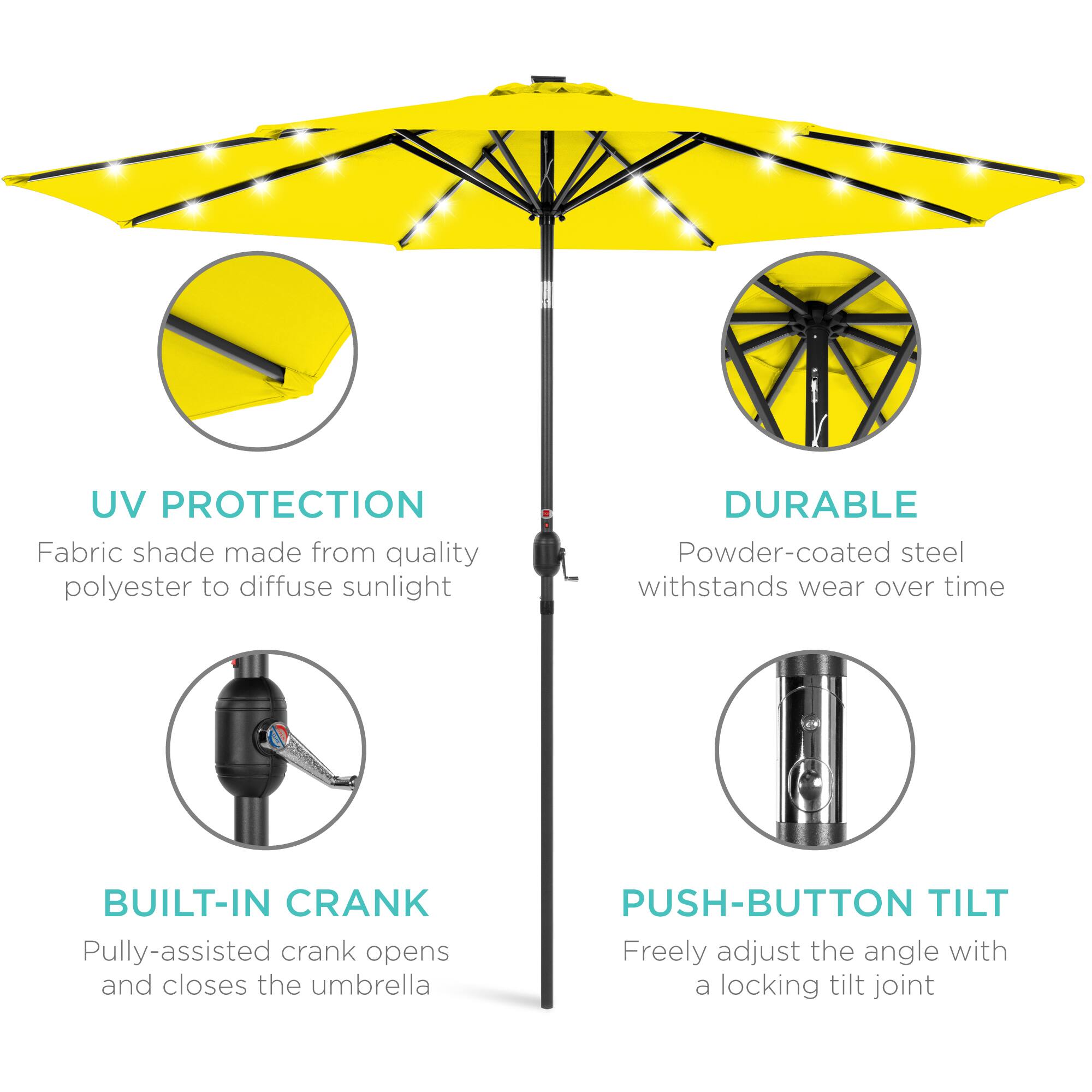 UV Protection: Fabric shade made from quality polyester to diffuse sunlight.  
Durable: Powder-coated steel withstands wear over time.  
Built-in Crank: Pulley-assisted crank opens and closes the umbrella.  
Push-Button Tilt: Freely adjust the angle with a locking tilt joint.