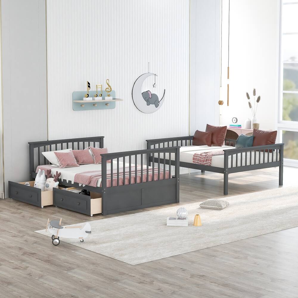 Left. Loheer - Loheer Full Over Full Bunk Bed with Drawers Convertible Solid Wood Gray - Gray.