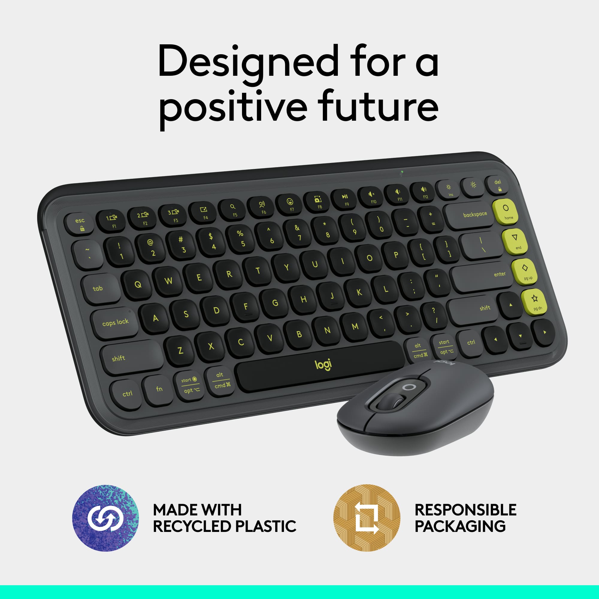Designed for a positive future, the Logitech keyboard is made with recycled plastic and features responsible packaging. The keyboard is black and features a green and yellow color scheme. It is a 30P DE keyboard with a 10-key numeric pad and a dedicated function key for the Windows Start menu. The keyboard also includes a mouse, making it a complete computer setup.