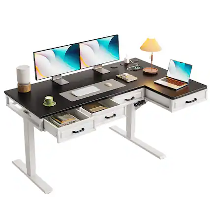 Front. OffiGo - L Shaped Electric Standing Desk with Wooden Drawers, Height Adjustable Corner Sit Stand Workstation with Power Outlets - White+black.