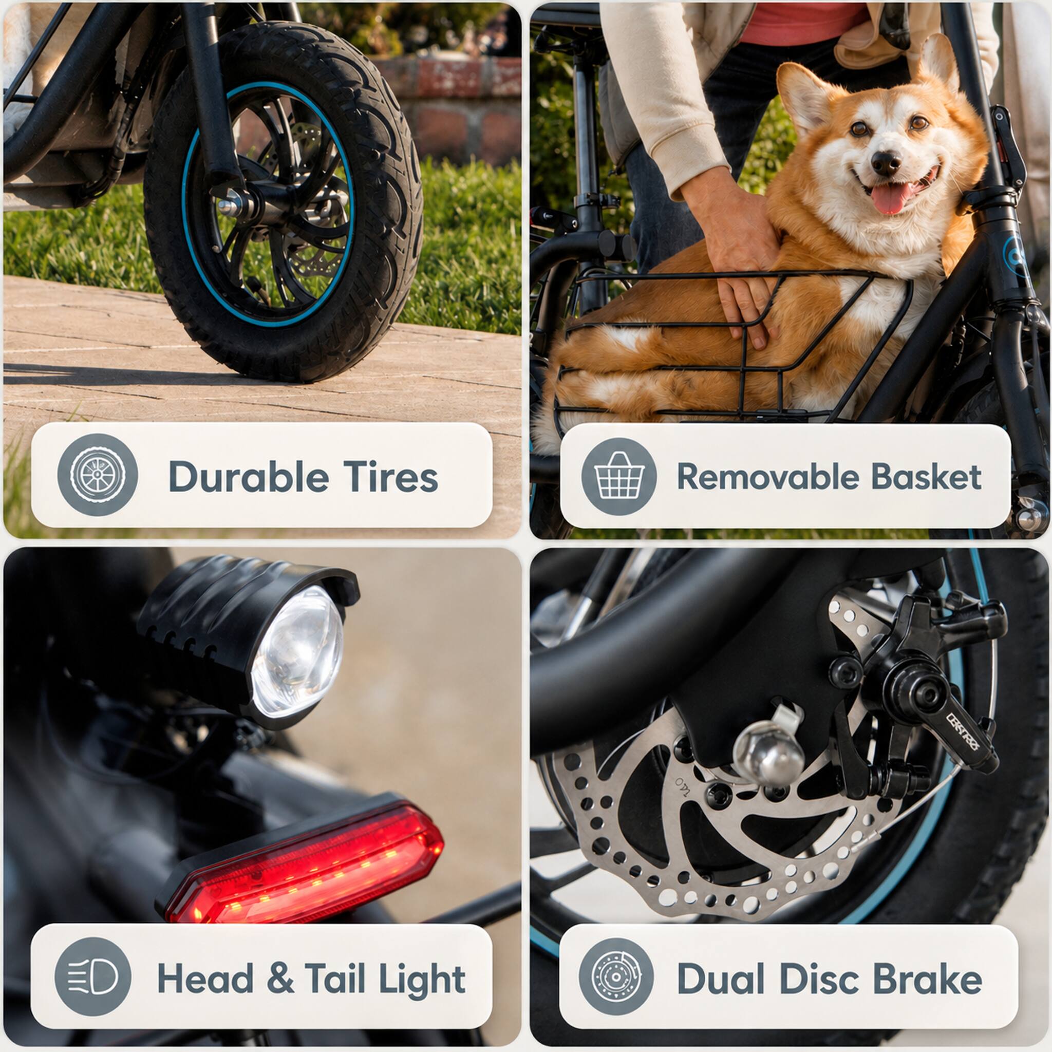 - Durable Tires
- Removable Basket
- Head & Tail Light
- Dual Disc Brake