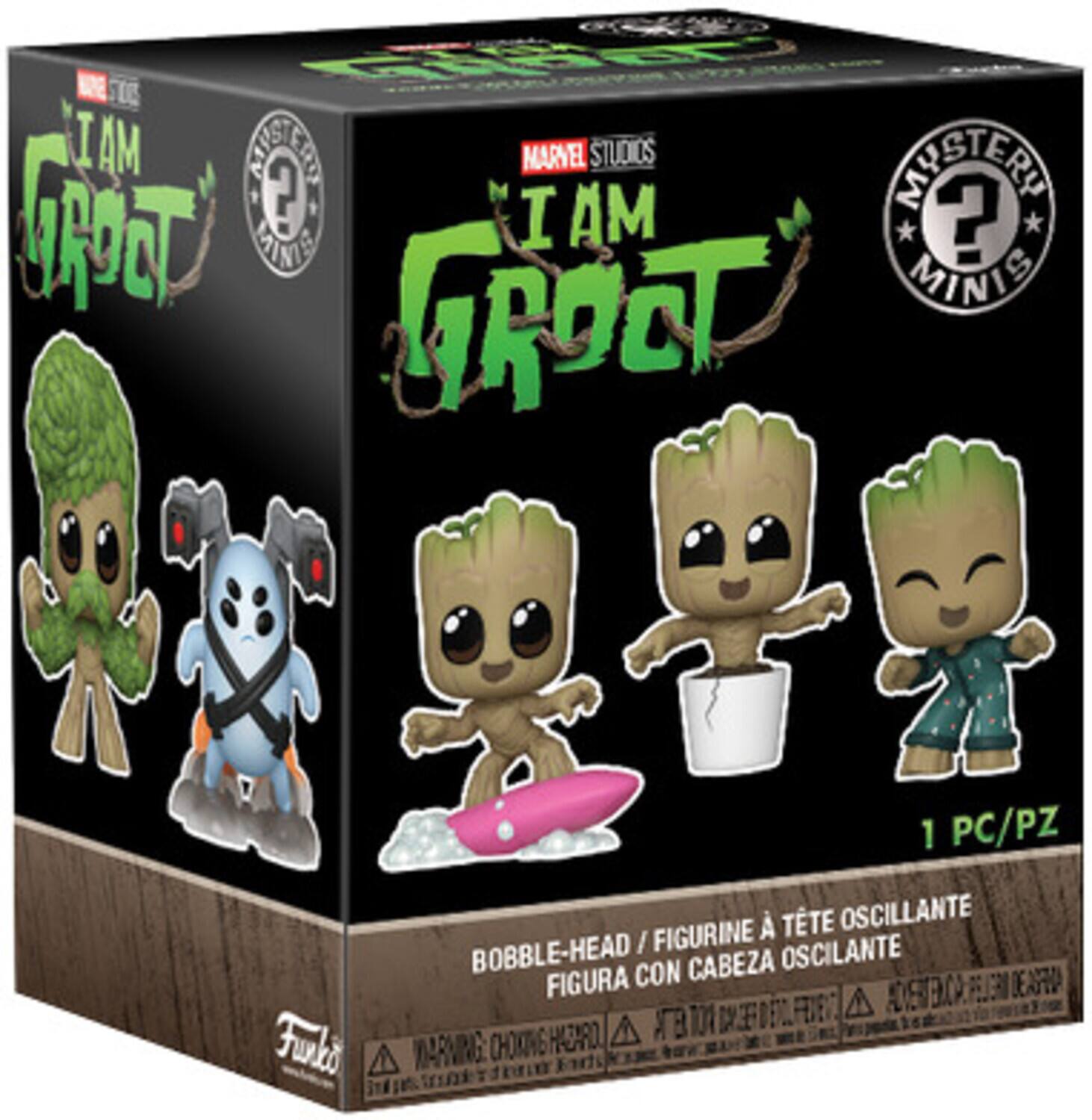 Sure, here is the corrected and grouped text from the image:

---

**MARVEL STUDIOS**

**I AM GROOT**

**MYSTERY MINIS**

**1 PC/PZ**

**BOBBLE-HEAD / FIGURINE À TÊTE OSCILLANTE / FIGURA CON CABEZA OSCILANTE**

**Funko**

**WARNING: CHOKING HAZARD - SMALL PARTS. NOT FOR CHILDREN UNDER 3 YEARS.**

**ADVERTENCIA: PELIGRO DE AHOGO - PIEZAS PEQUEÑAS. NO APTO PARA NIÑOS MENORES DE 3 AÑOS.**

**ADVERTÊNCIA: RISCO DE ENGOLIMENTO - PEÇAS PEQUENAS. NÃO APTO PARA CRIANÇAS MENORES DE 3 ANOS.**

---

This text is organized to reflect the information on the packaging accurately.