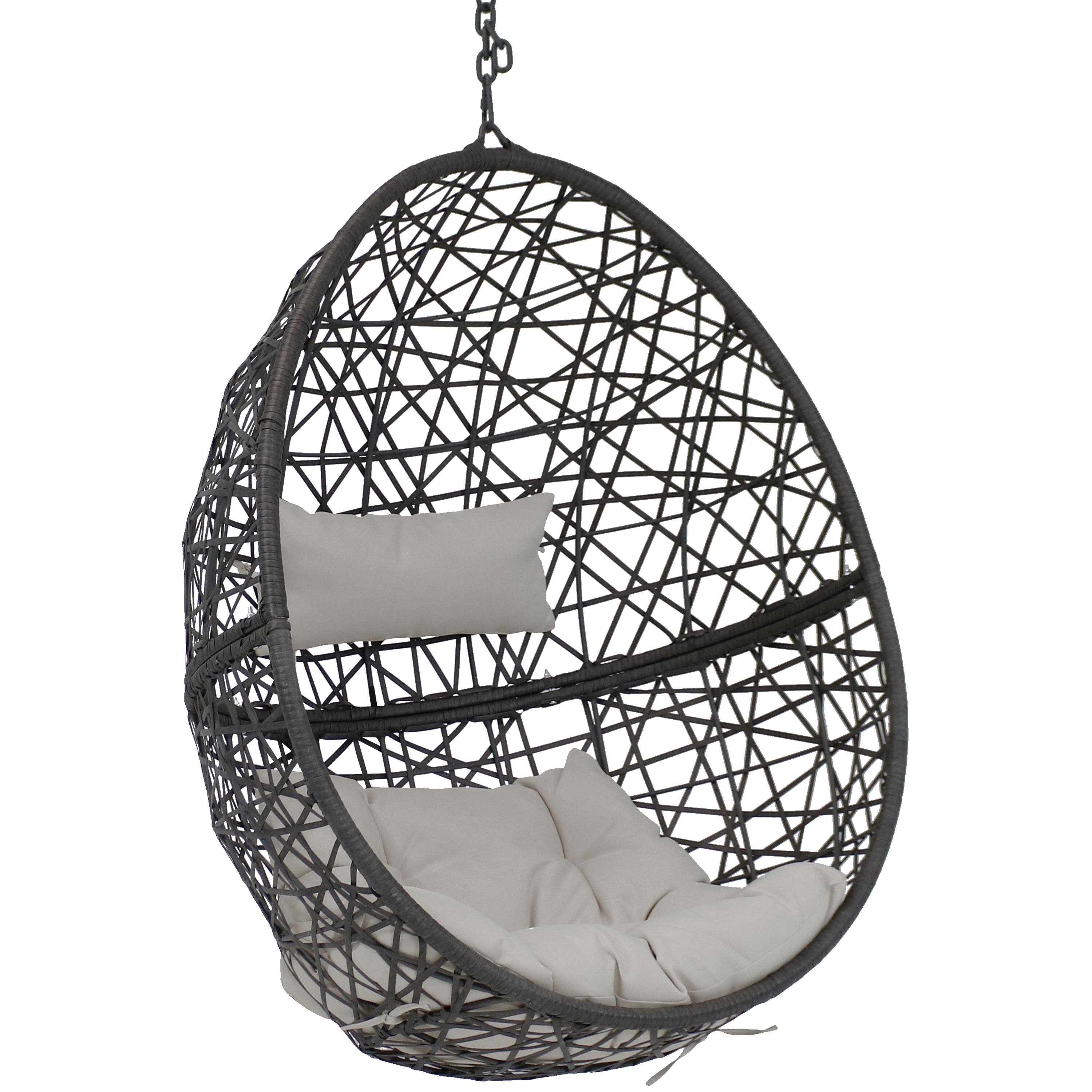 Sunnydaze - Black Resin Wicker Hanging Egg Chair with Cushions - Gray