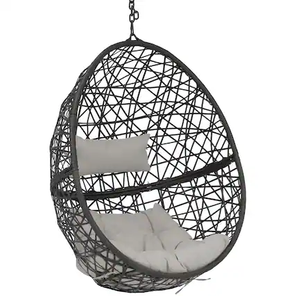 Front. Sunnydaze - Black Resin Wicker Hanging Egg Chair with Cushions - Gray.