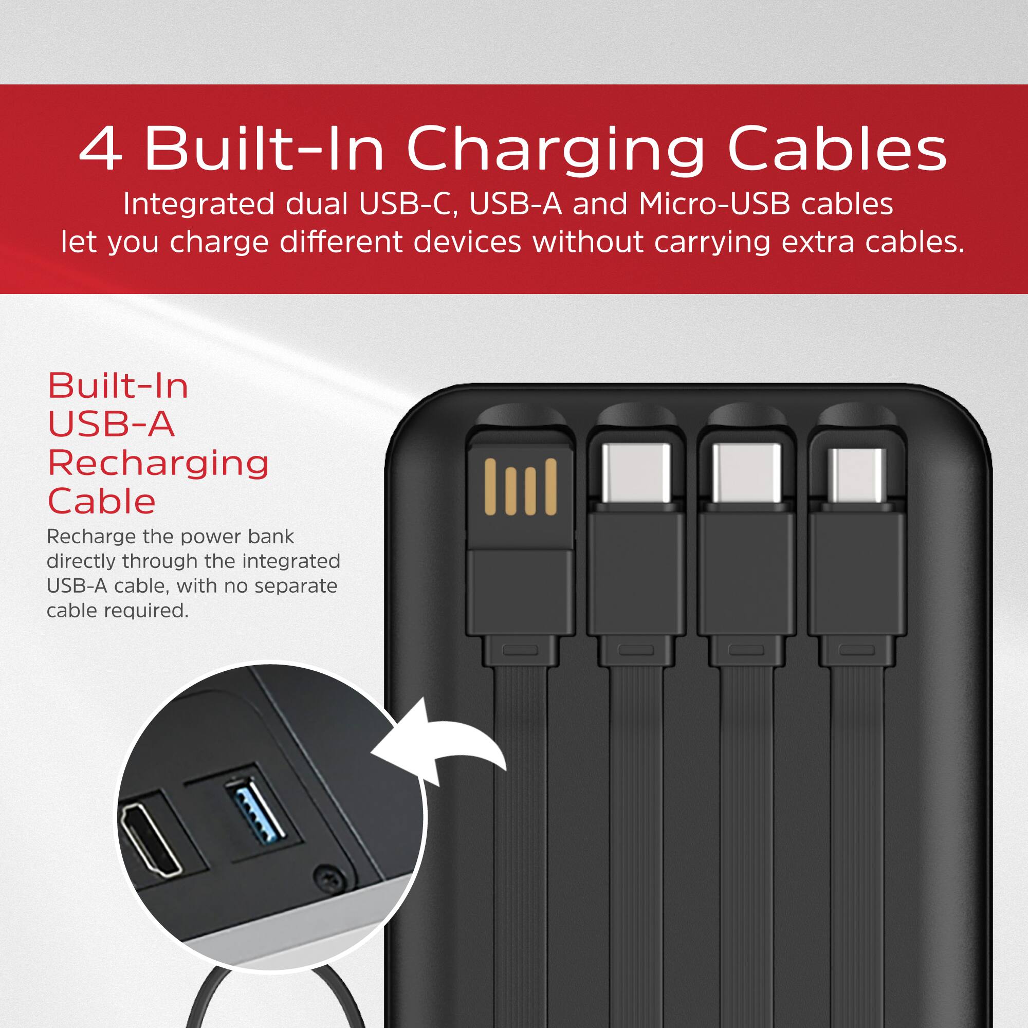4 Built-In Charging Cables  
Integrated dual USB-C, USB-A, and Micro-USB cables let you charge different devices without carrying extra cables.

Built-In USB-A Recharging Cable  
Recharge the power bank directly through the integrated USB-A cable, with no separate cable required.