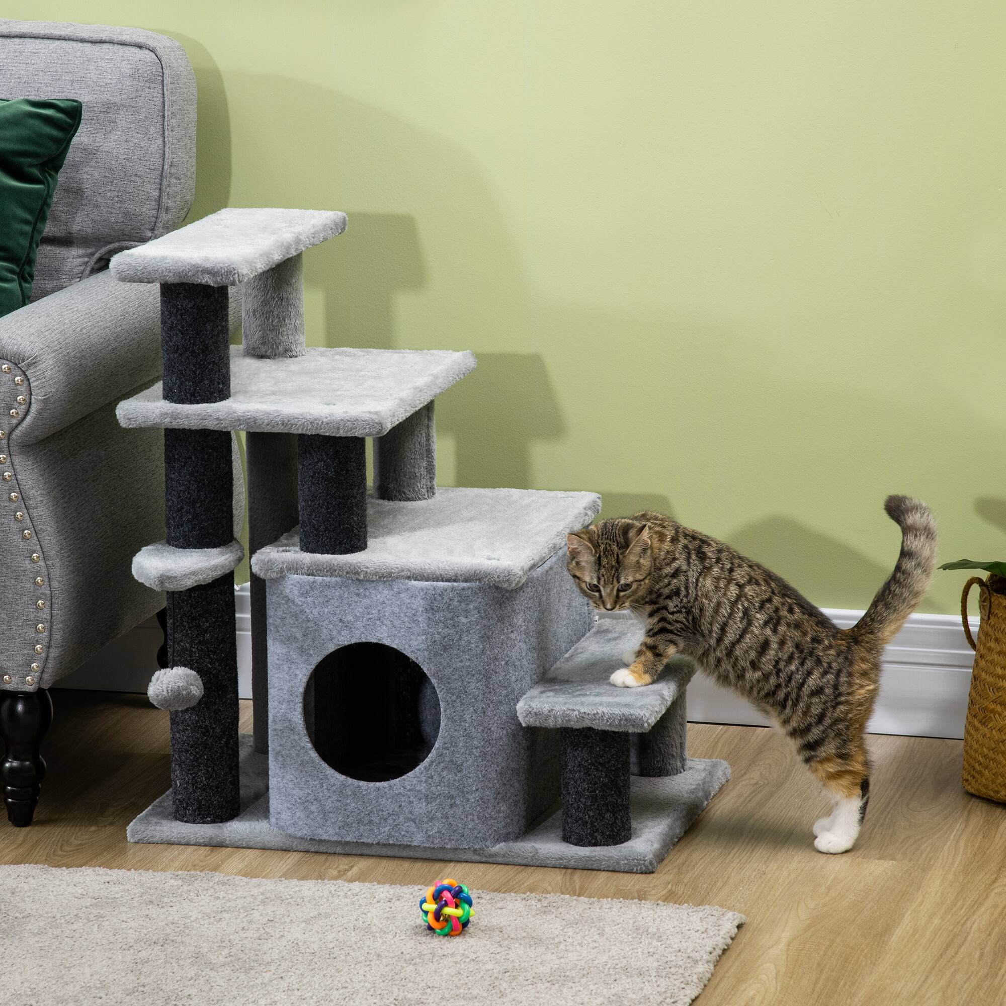 Angle. Pawhut - Pet Stairs, Adjustable 3/4 Step, Cat Scratching Post, Condo, Toy Ball, Bed, Sofa Indoor Small Cats/Kittens - Gray.