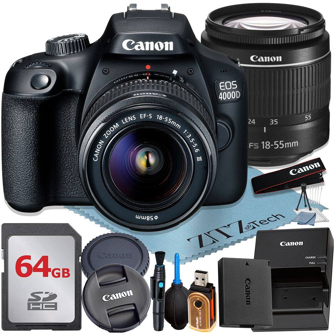 Canon EOS 4000D  
EF-S LENS 18-55mm ZOOM CANON 1:3.5-5.6  
FS 18-55mm  
64GB SD  
Canon CHARGE FULL  
Canon HA etech ZZ  
Canon dRaater ALOEC 5