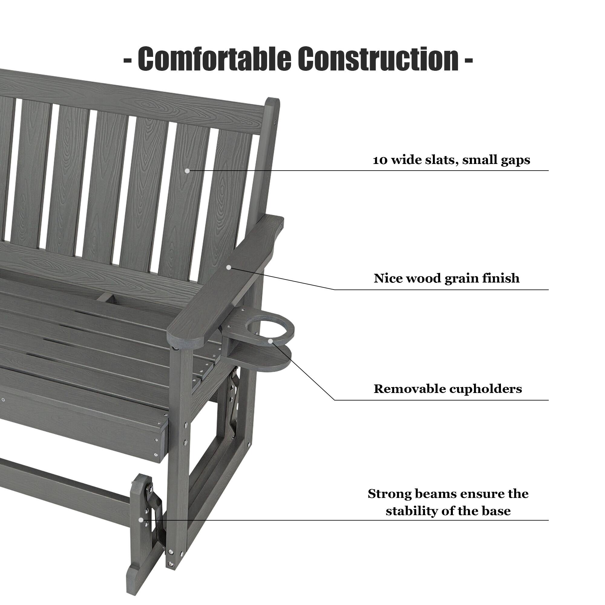 - Comfortable Construction -
- 10 wide slats, small gaps
- Nice wood grain finish
- Removable cupholders
- Strong beams ensure the stability of the base